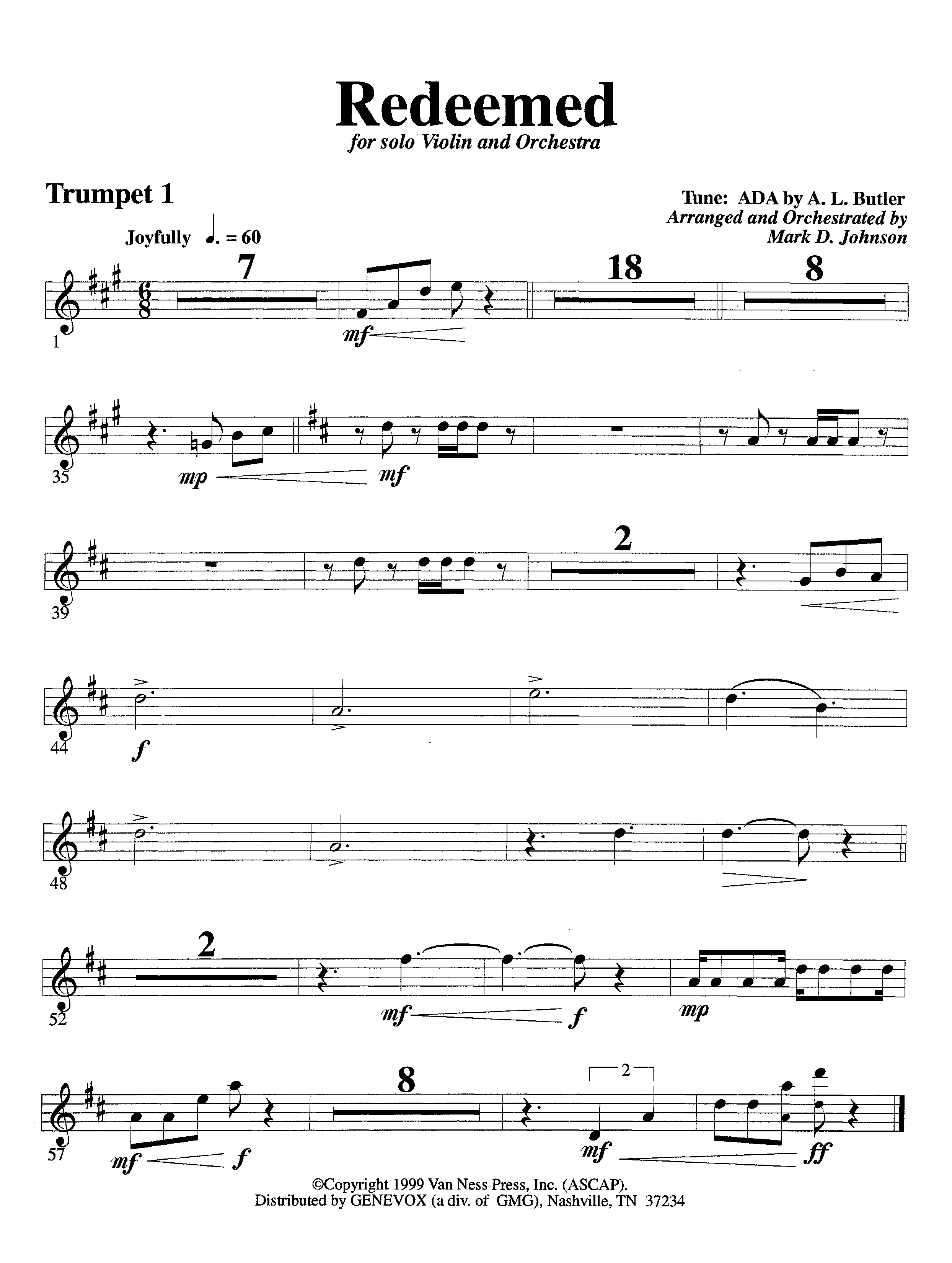 Redeemed (with Solo Violin) (Instrumental) Trumpet 1 (Lifeway Worship / Arr. Mark Johnson)