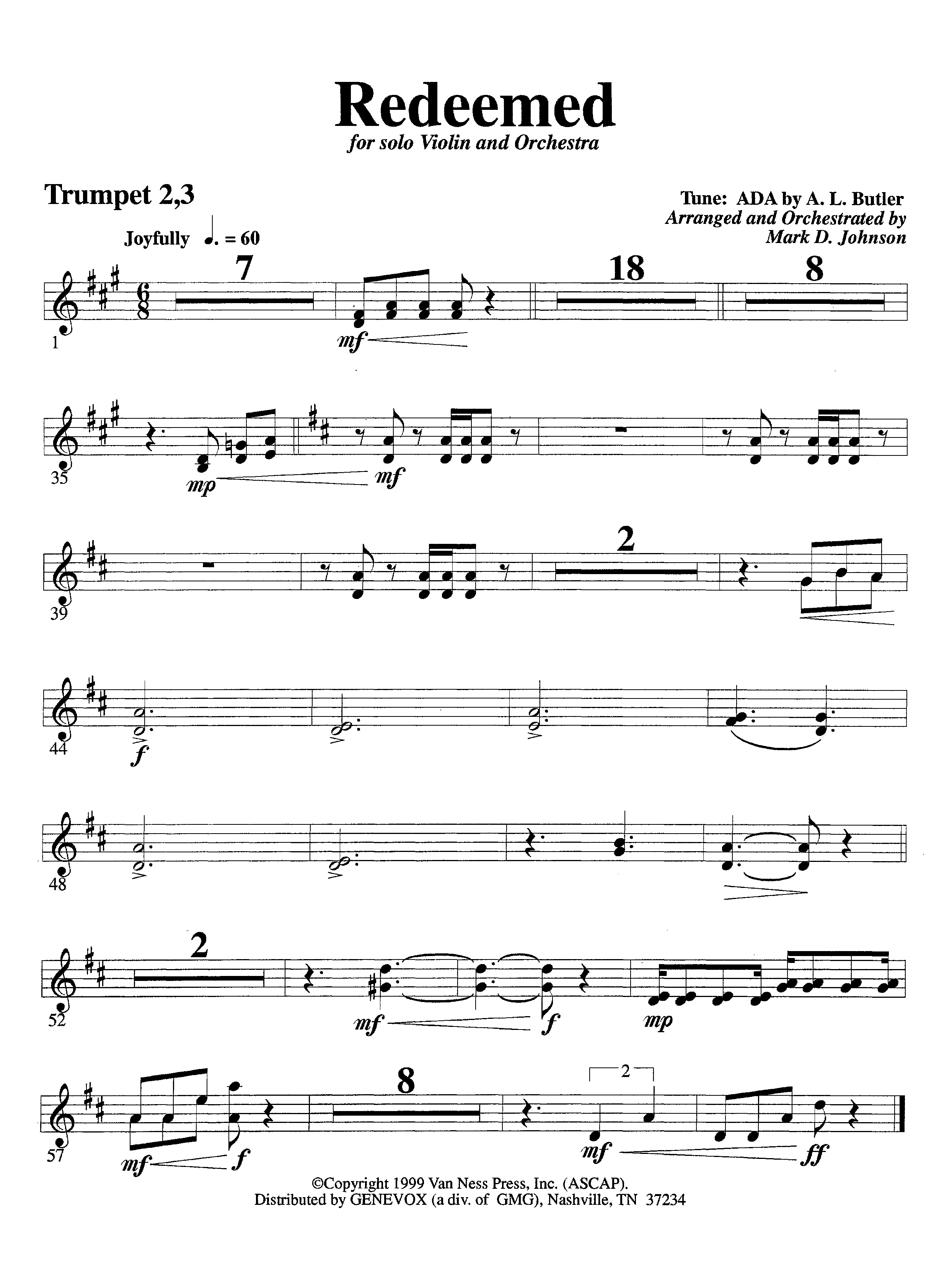 Redeemed (with Solo Violin) (Instrumental) Trumpet 2/3 (Lifeway Worship / Arr. Mark Johnson)