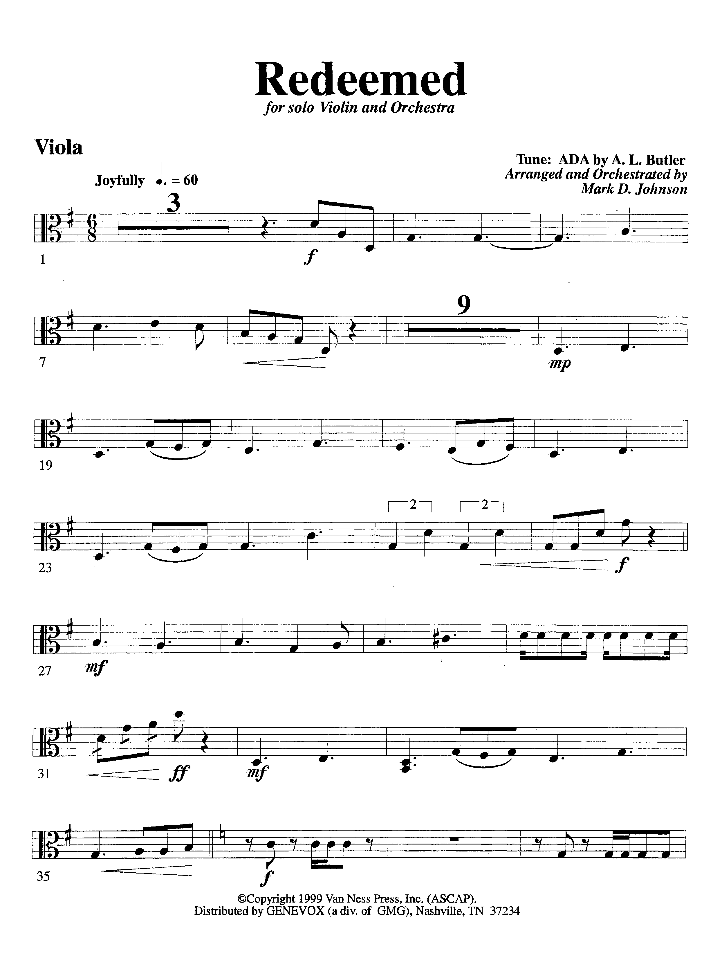 Redeemed (with Solo Violin) (Instrumental) Viola (Lifeway Worship / Arr. Mark Johnson)