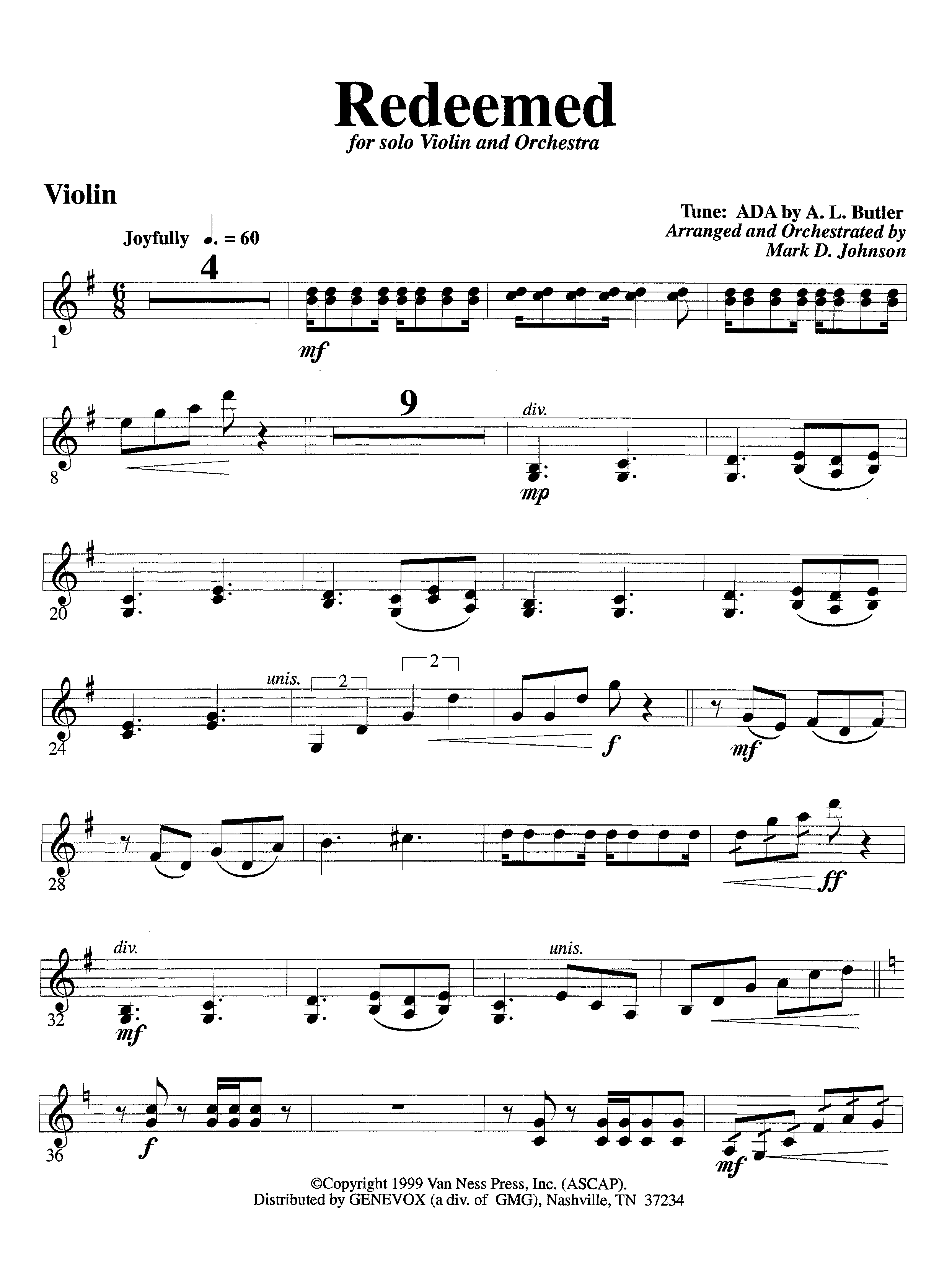 Redeemed (with Solo Violin) (Instrumental) Violin 1 (Lifeway Worship / Arr. Mark Johnson)