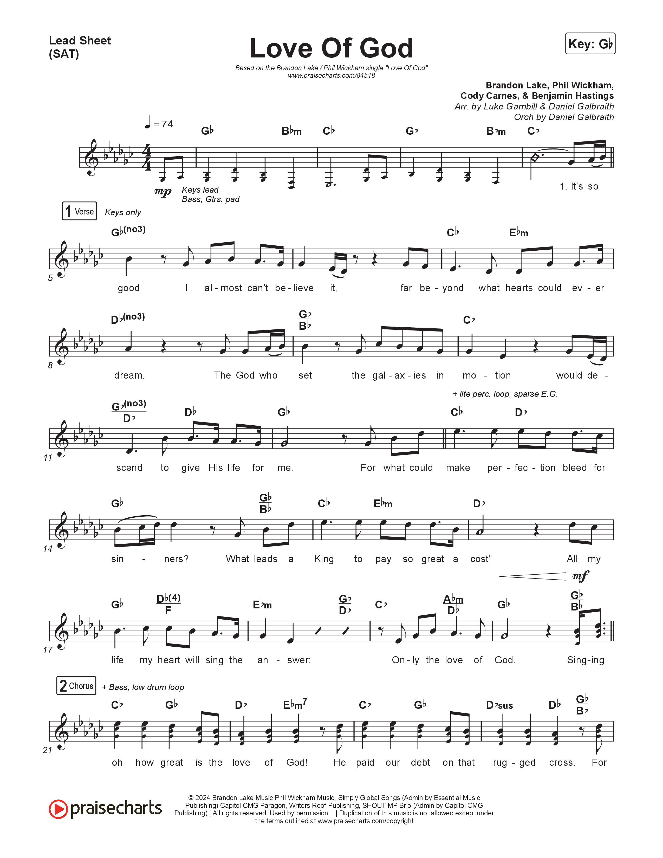 Love Of God (Choral Anthem SATB) Lead Sheet (SAT) (Brandon Lake / Phil Wickham / Arr. Luke Gambill)