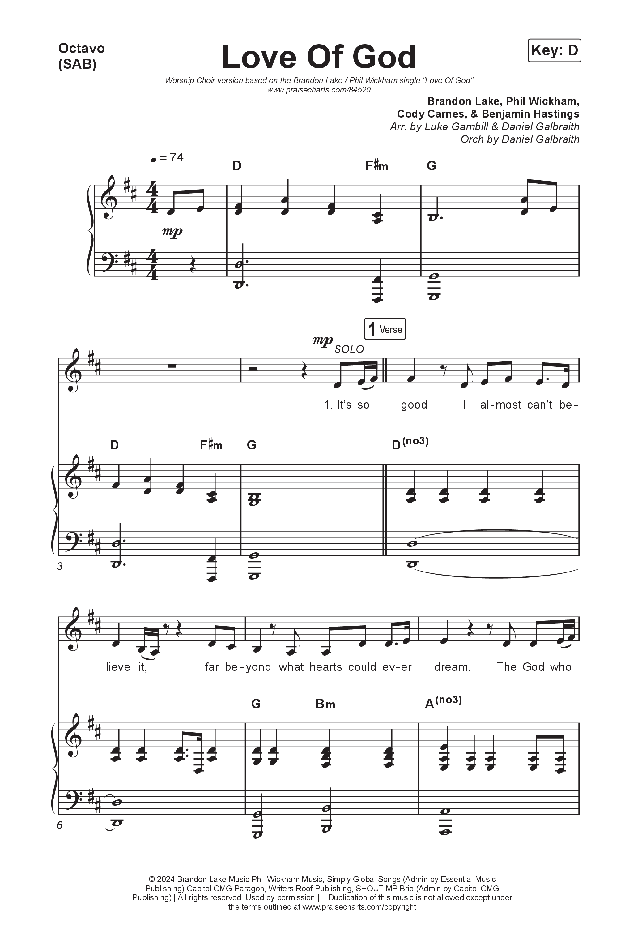 Love Of God (Worship Choir/SAB) Octavo (SAB & Pno) (Brandon Lake / Phil Wickham / Arr. Luke Gambill)