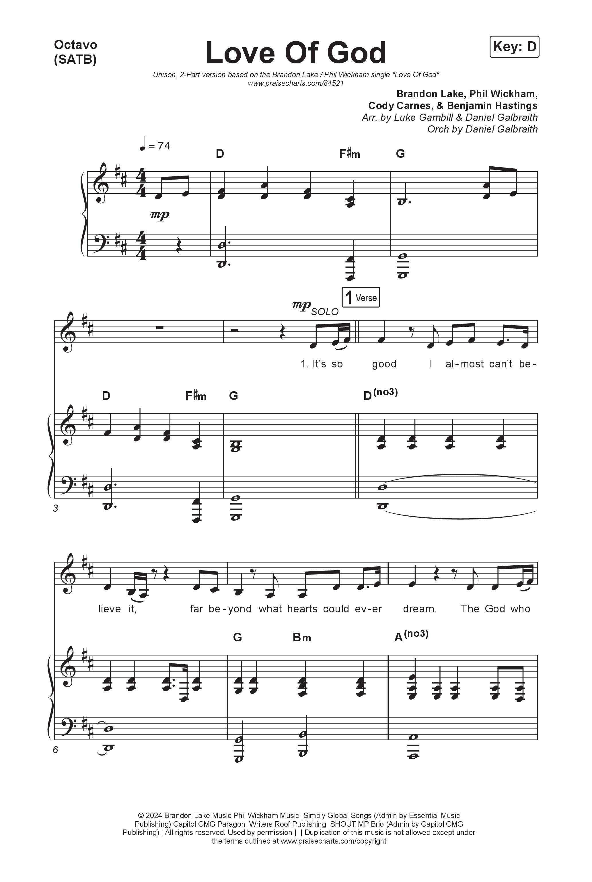 Love Of God (Unison/2-Part) Octavo (Uni/2-Part & Pno) (Brandon Lake / Phil Wickham / Arr. Luke Gambill)