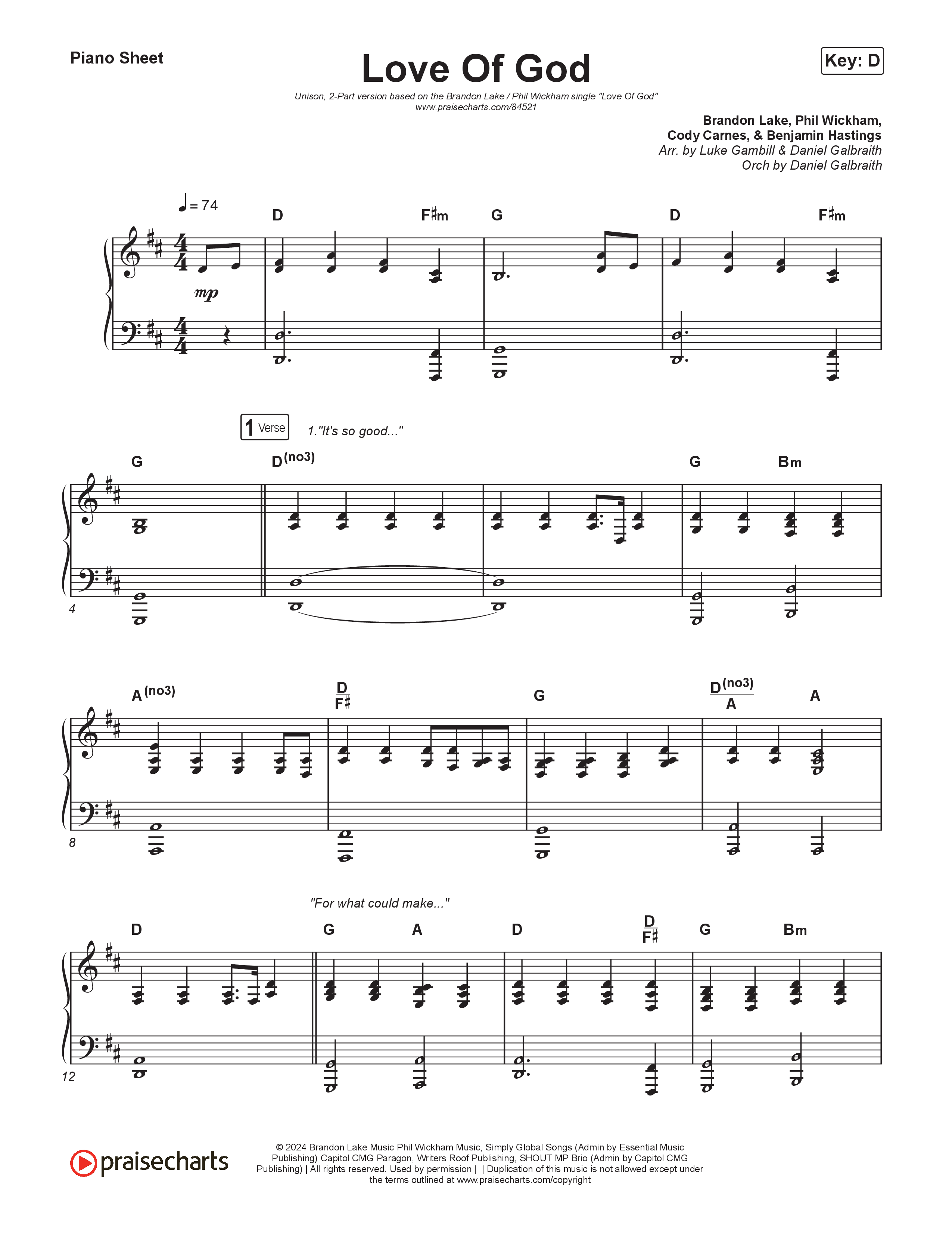 Love Of God (Unison/2-Part) Piano Sheet (Brandon Lake / Phil Wickham / Arr. Luke Gambill)