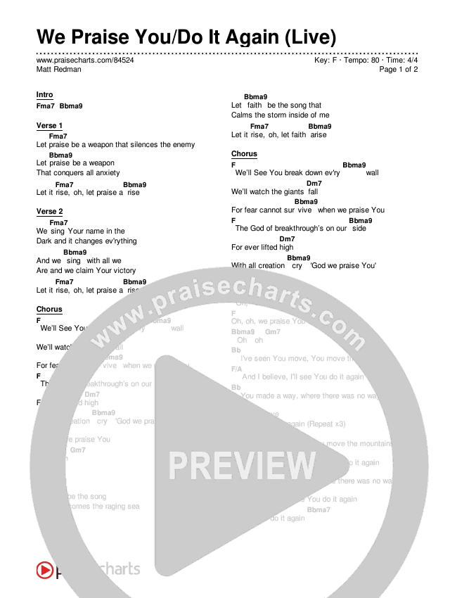 We Praise You/Do It Again (Live) Chord Chart (Matt Redman)
