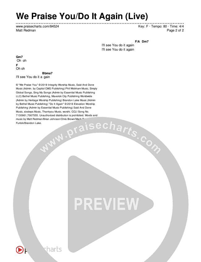 We Praise You/Do It Again (Live) Chord Chart (Matt Redman)