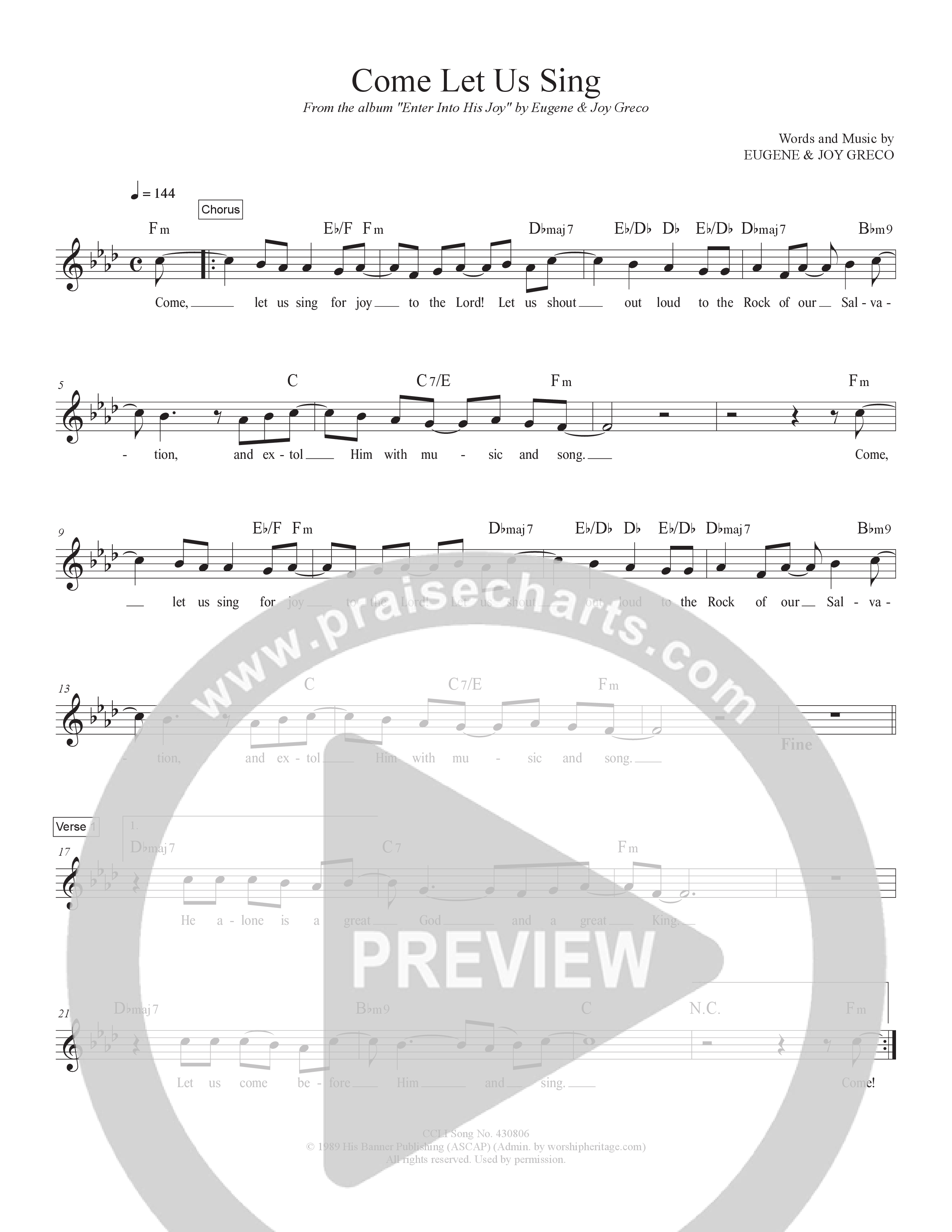 Come Let Us Sing Lead Sheet Melody (Eugene Greco & Joy Greco)