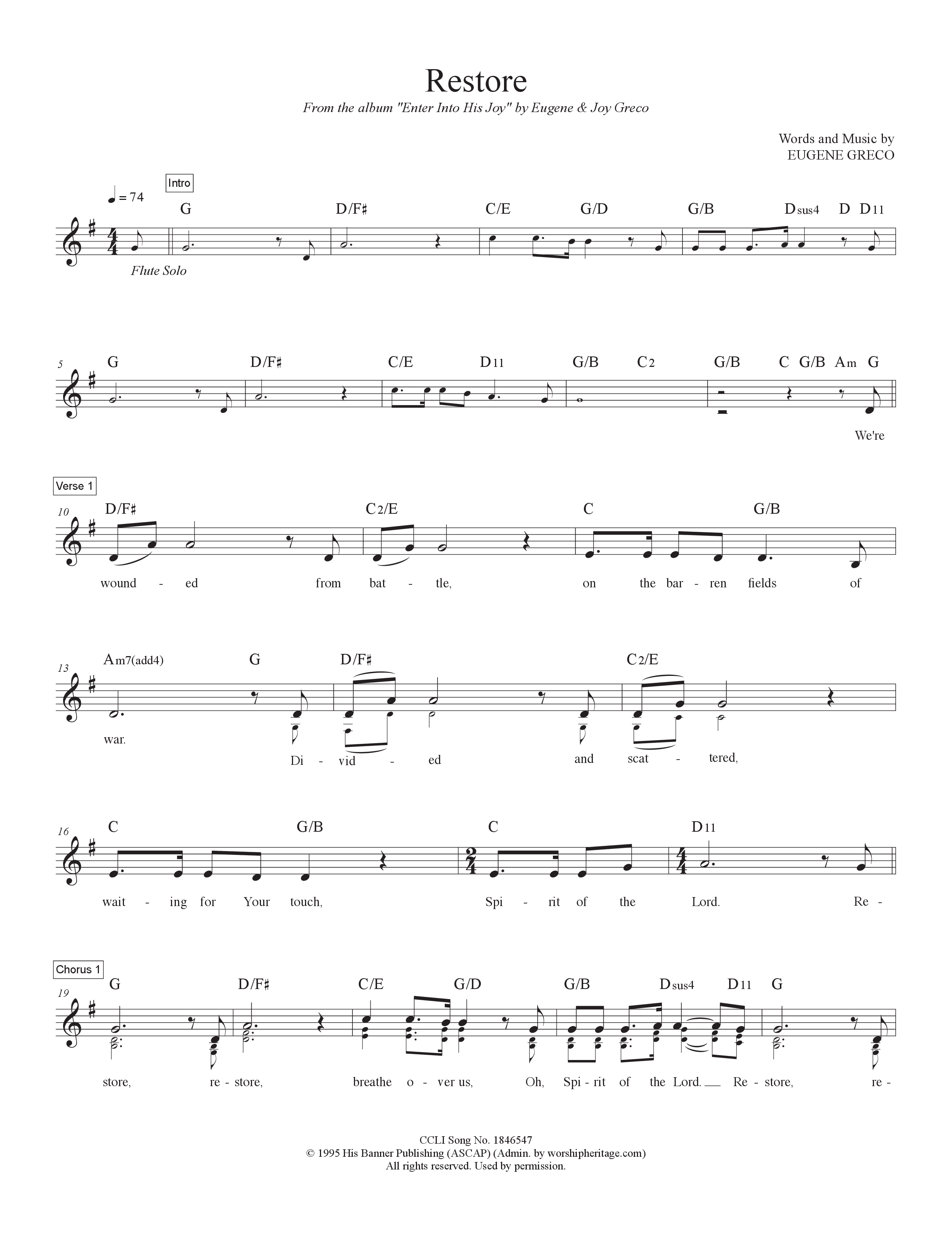 Restore Lead Sheet Melody (Eugene Greco & Joy Greco)