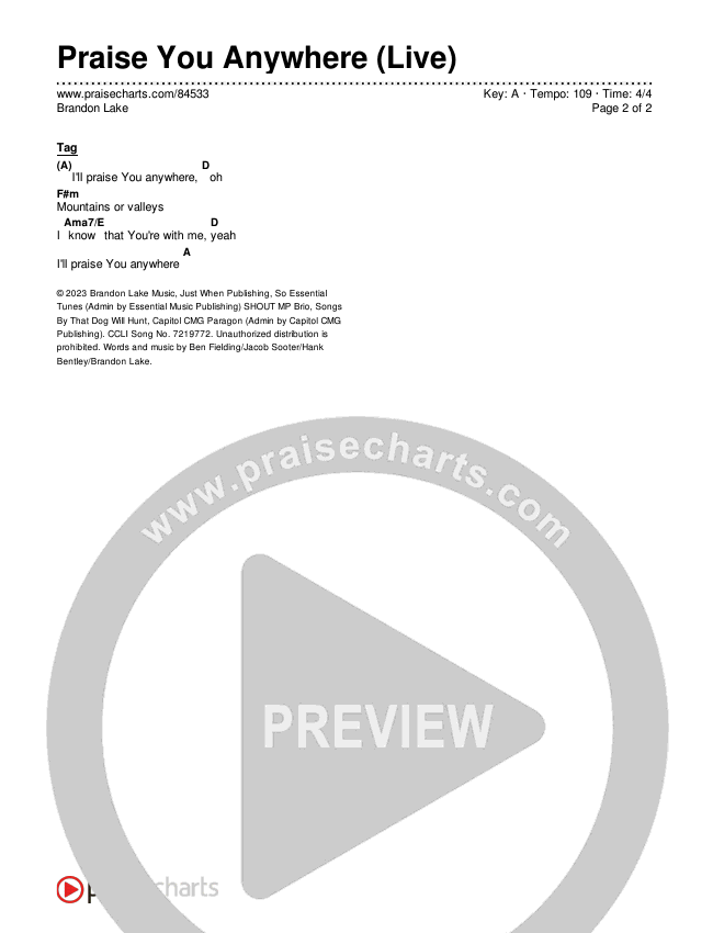 Praise You Anywhere (Live) Chords & Lyrics (Brandon Lake)