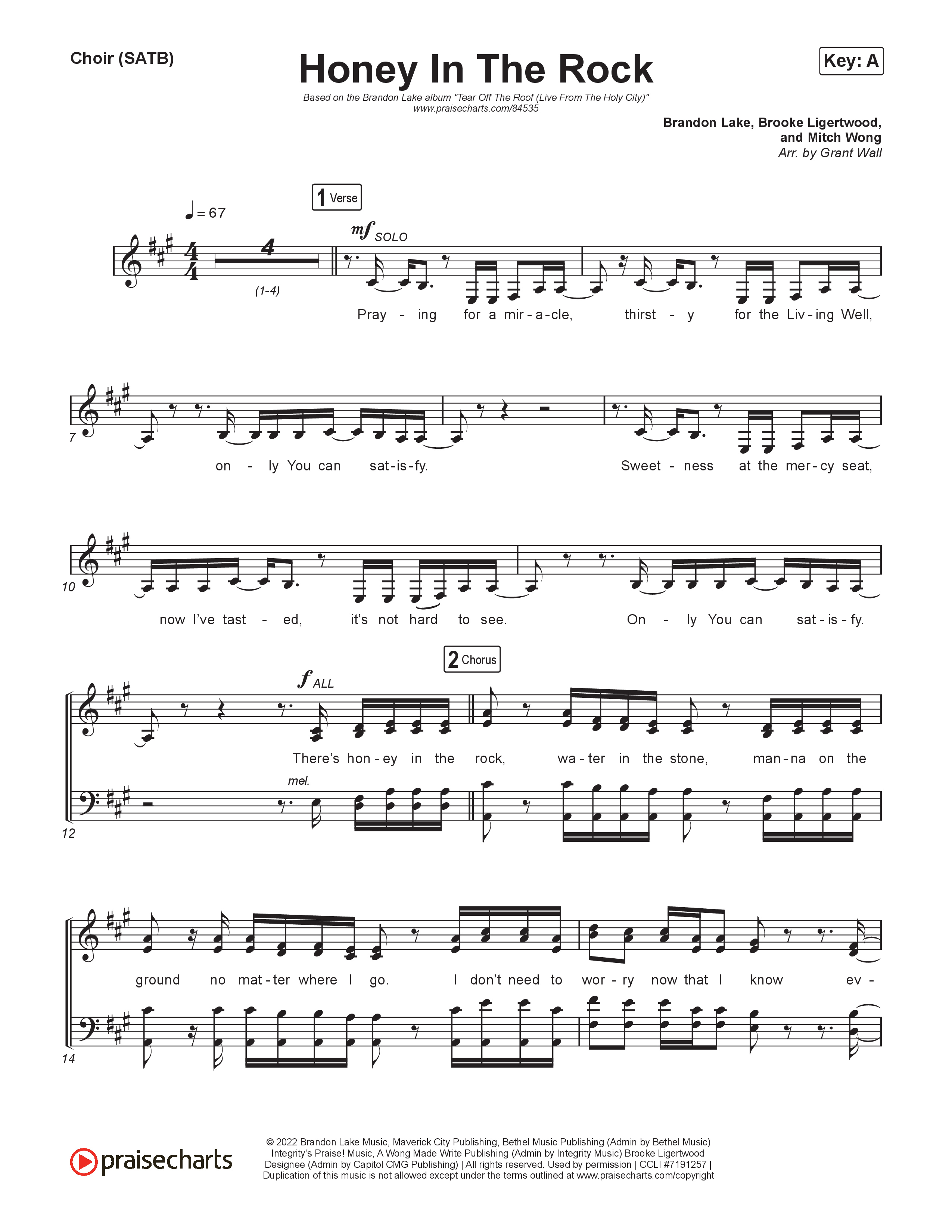 Honey In The Rock (Live) Choir Sheet (SATB) (Brandon Lake)