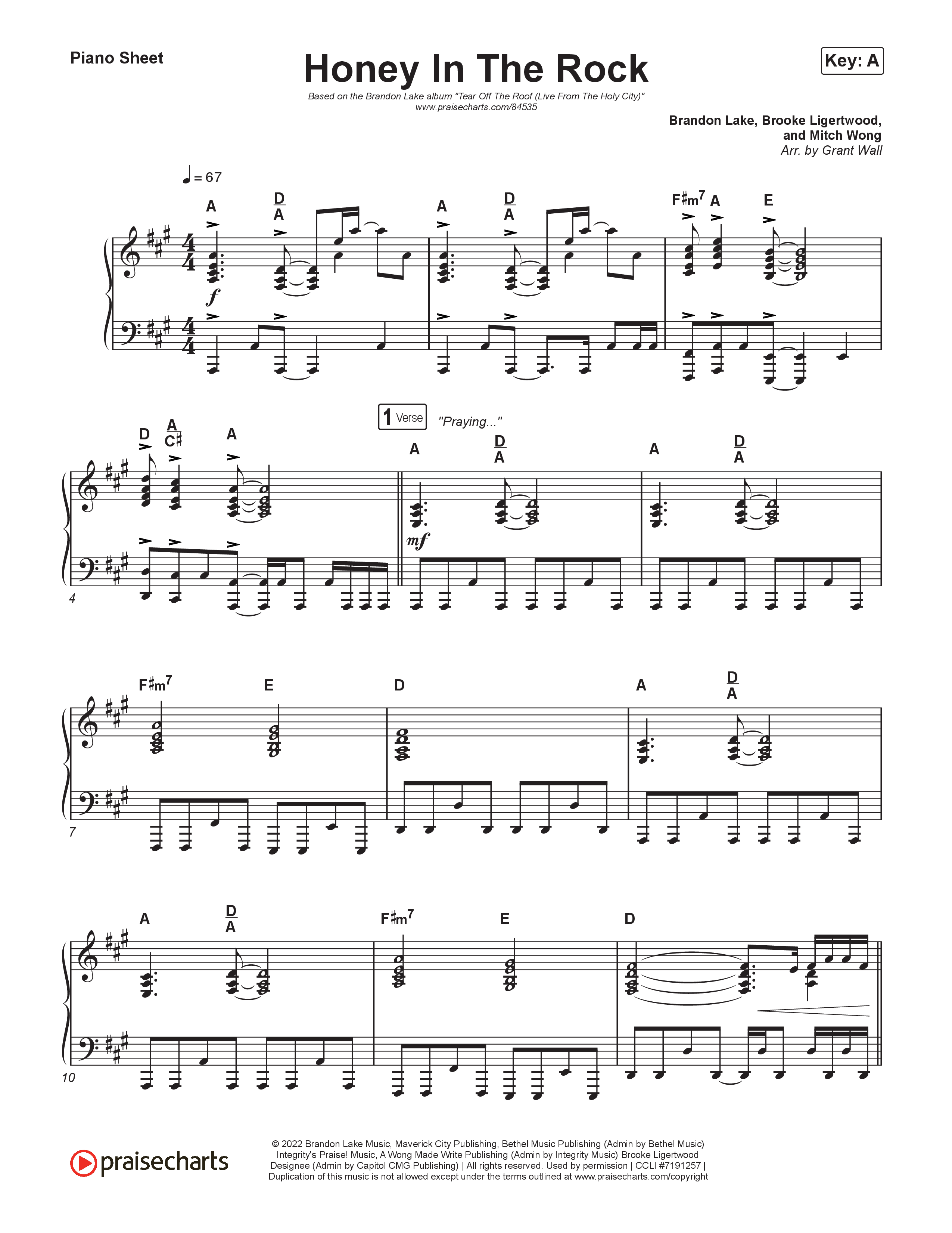 Honey In The Rock (Live) Piano Sheet (Brandon Lake)