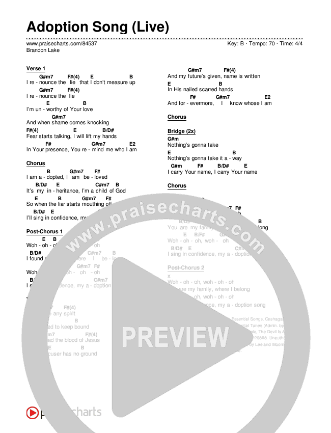 Adoption Song (Live) Chords & Lyrics (Brandon Lake)