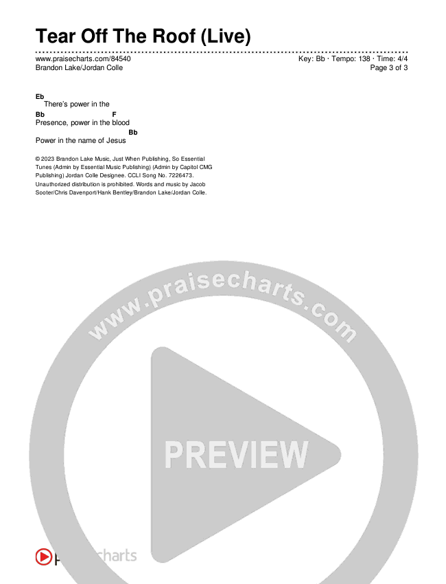 Tear Off The Roof (Live) Chords & Lyrics (Brandon Lake / Jordan Colle)