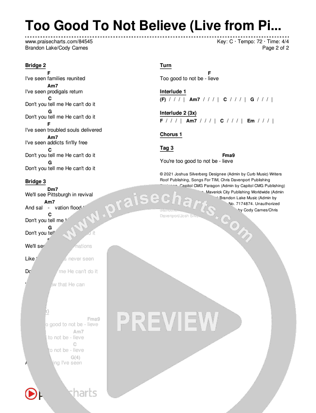 Too Good To Not Believe (Live from Pittsburgh) Chords & Lyrics (Brandon Lake / Cody Carnes)