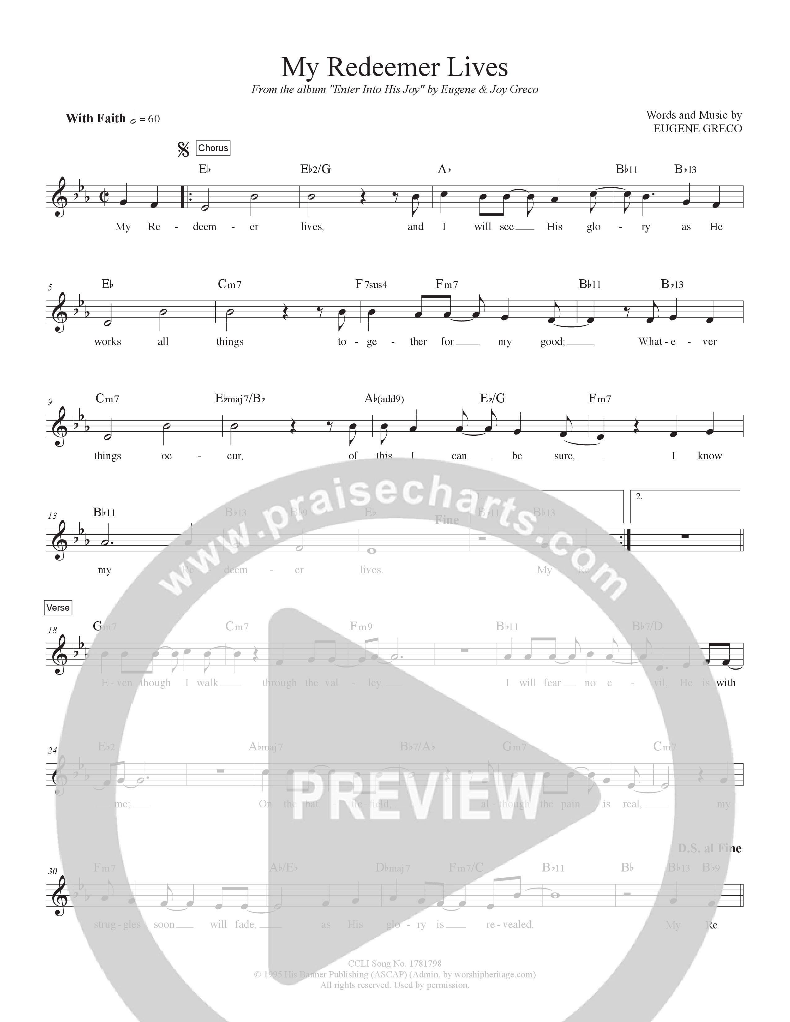 My Redeemer Lives Lead Sheet Melody (Eugene Greco & Joy Greco)