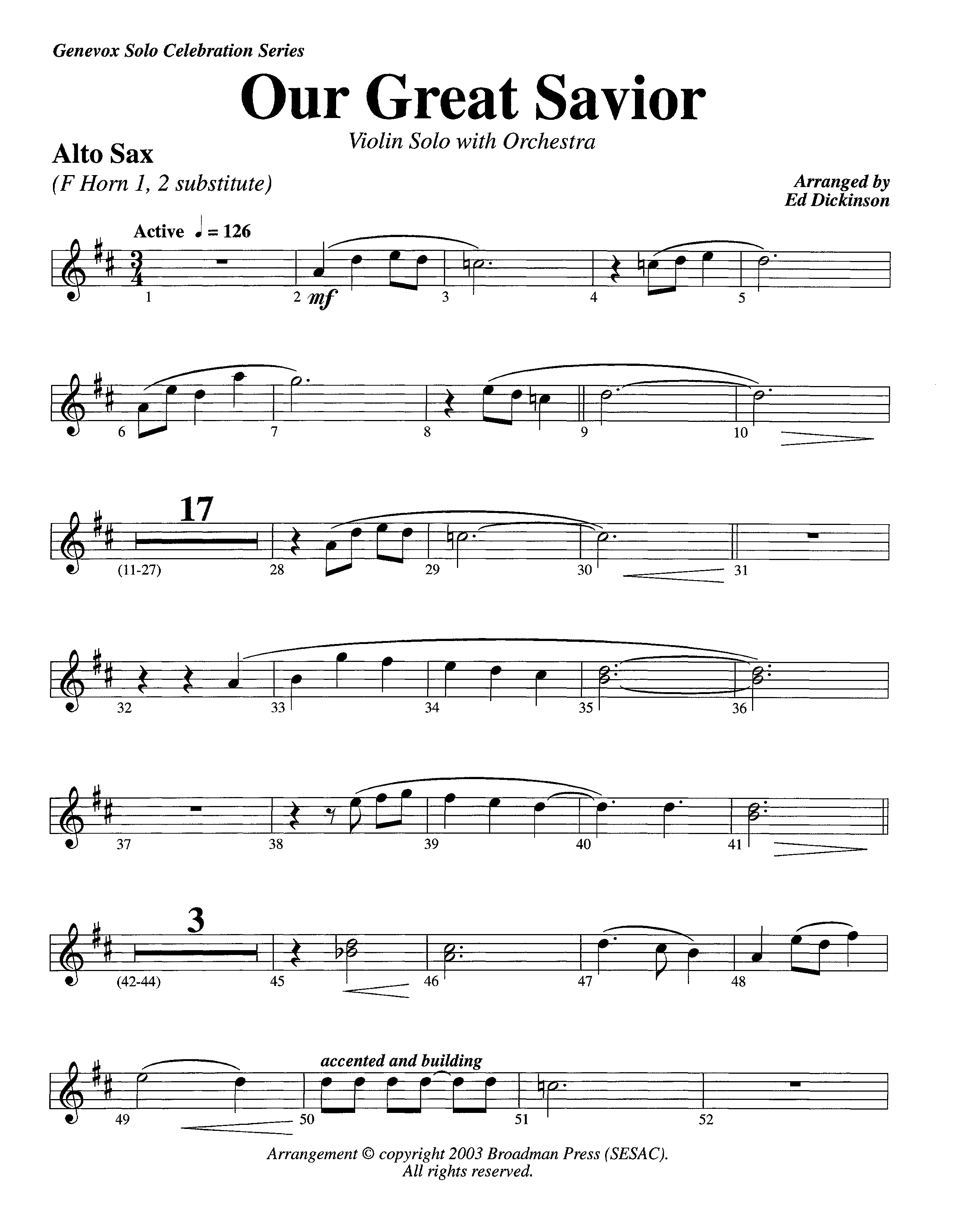 Our Great Savior (with Solo Violin) (Instrumental) Alto Sax (Lifeway Worship / Arr. Ed Dickinson)