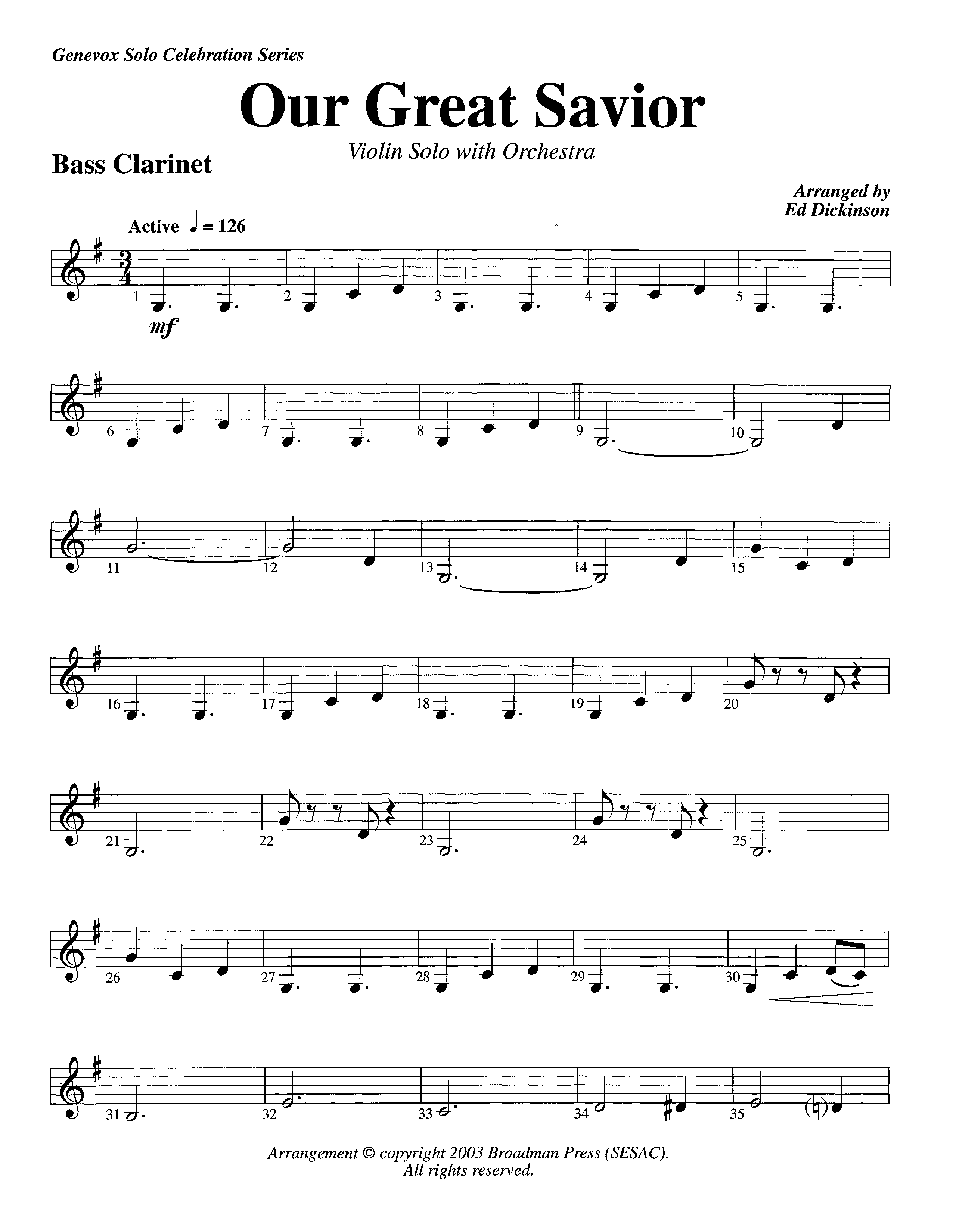 Our Great Savior (with Solo Violin) (Instrumental) Bass Clarinet (Lifeway Worship / Arr. Ed Dickinson)