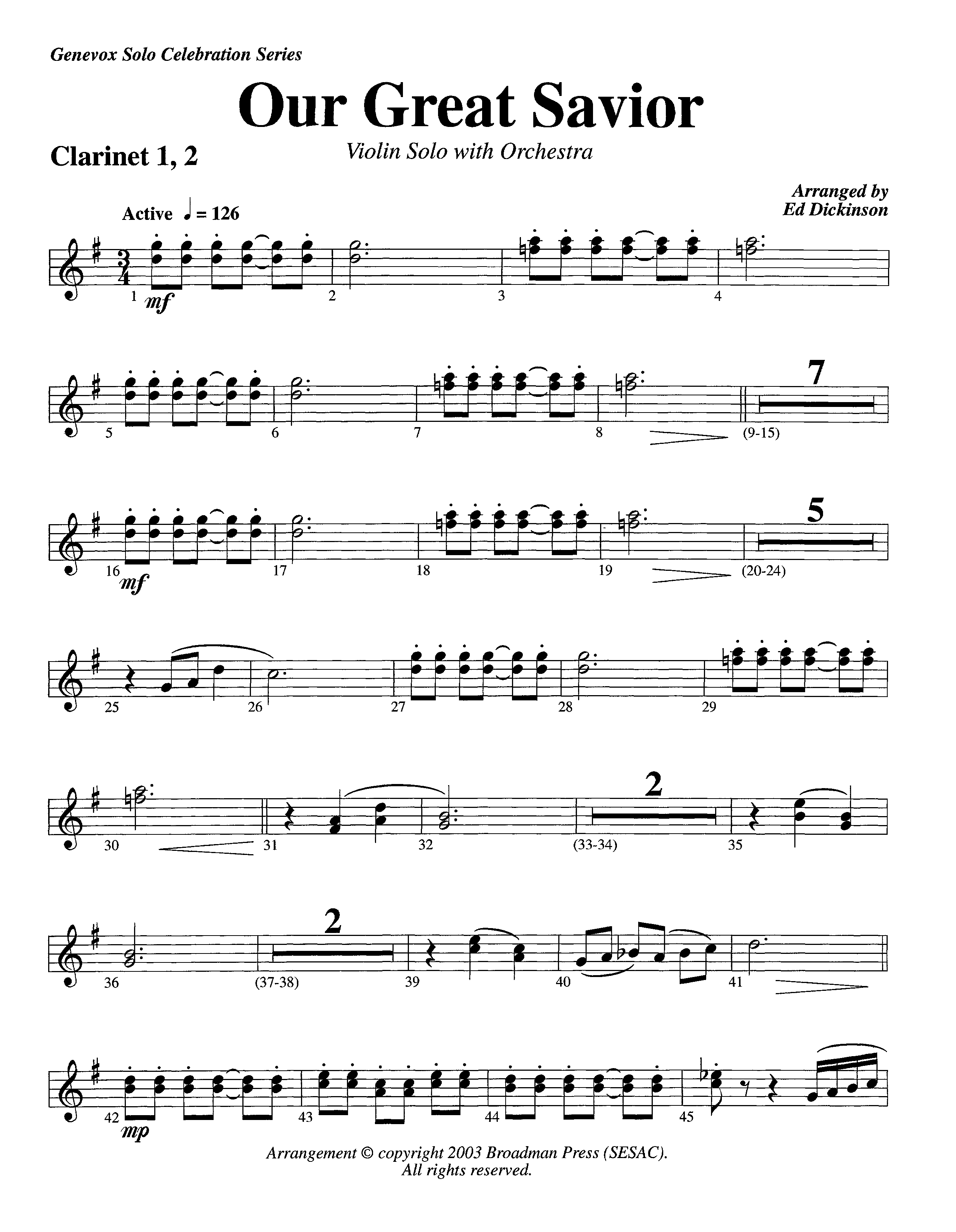 Our Great Savior (with Solo Violin) (Instrumental) Clarinet 1/2 (Lifeway Worship / Arr. Ed Dickinson)