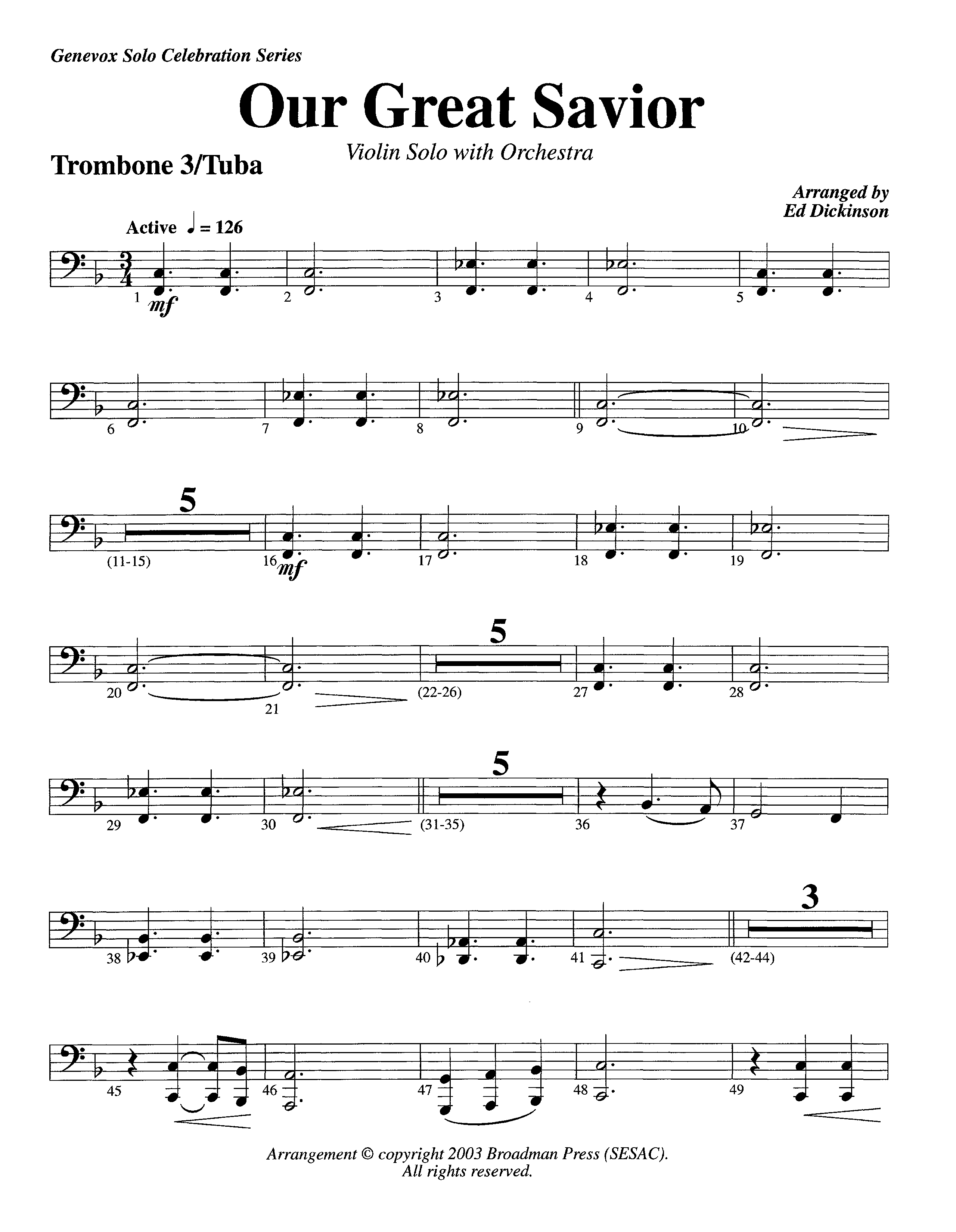 Our Great Savior (with Solo Violin) (Instrumental) Trombone 3/Tuba (Lifeway Worship / Arr. Ed Dickinson)