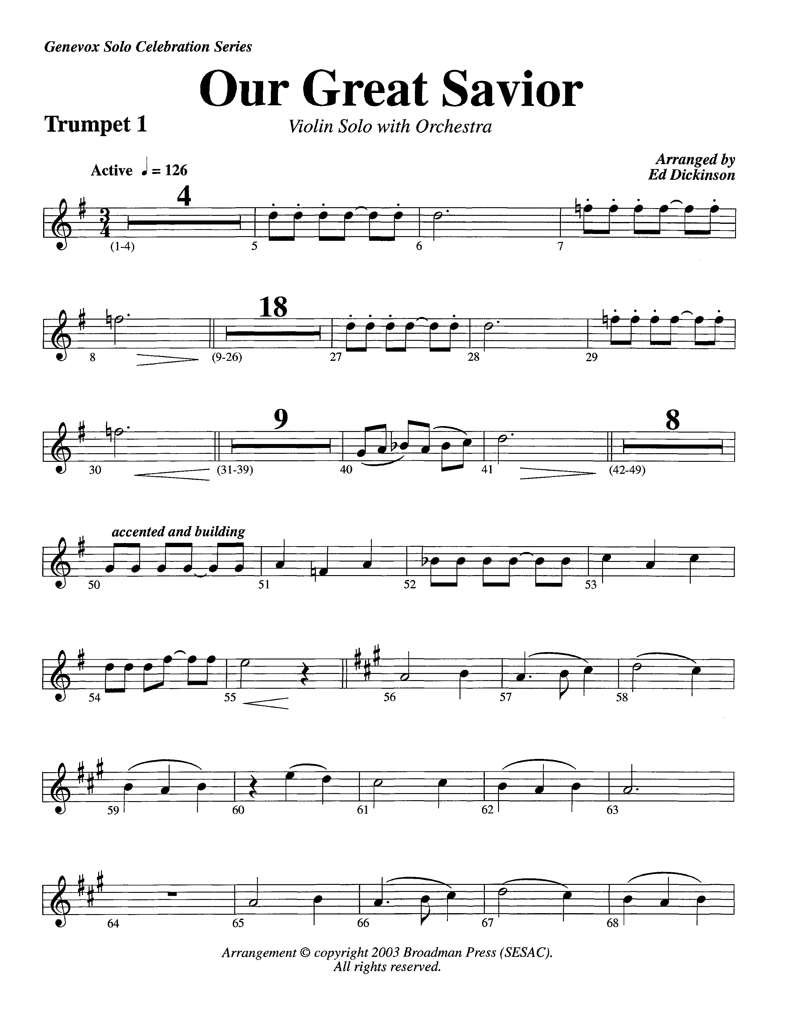 Our Great Savior (with Solo Violin) (Instrumental) Trumpet 1 (Lifeway Worship / Arr. Ed Dickinson)