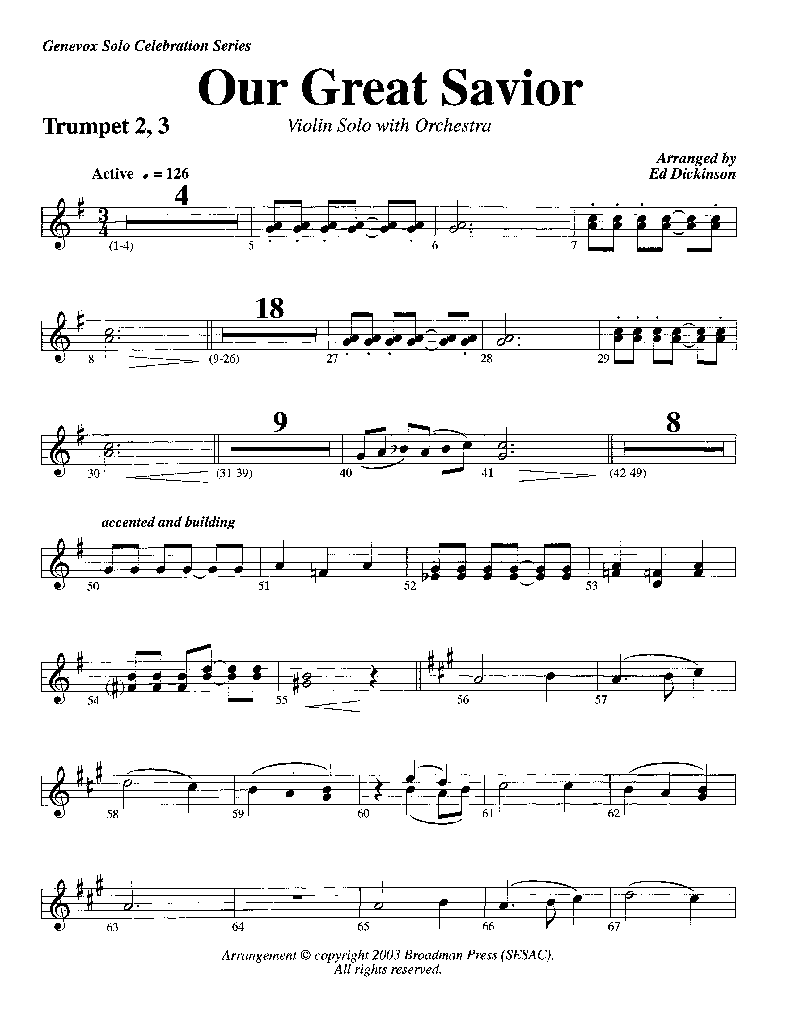 Our Great Savior (with Solo Violin) (Instrumental) Trumpet 2/3 (Lifeway Worship / Arr. Ed Dickinson)