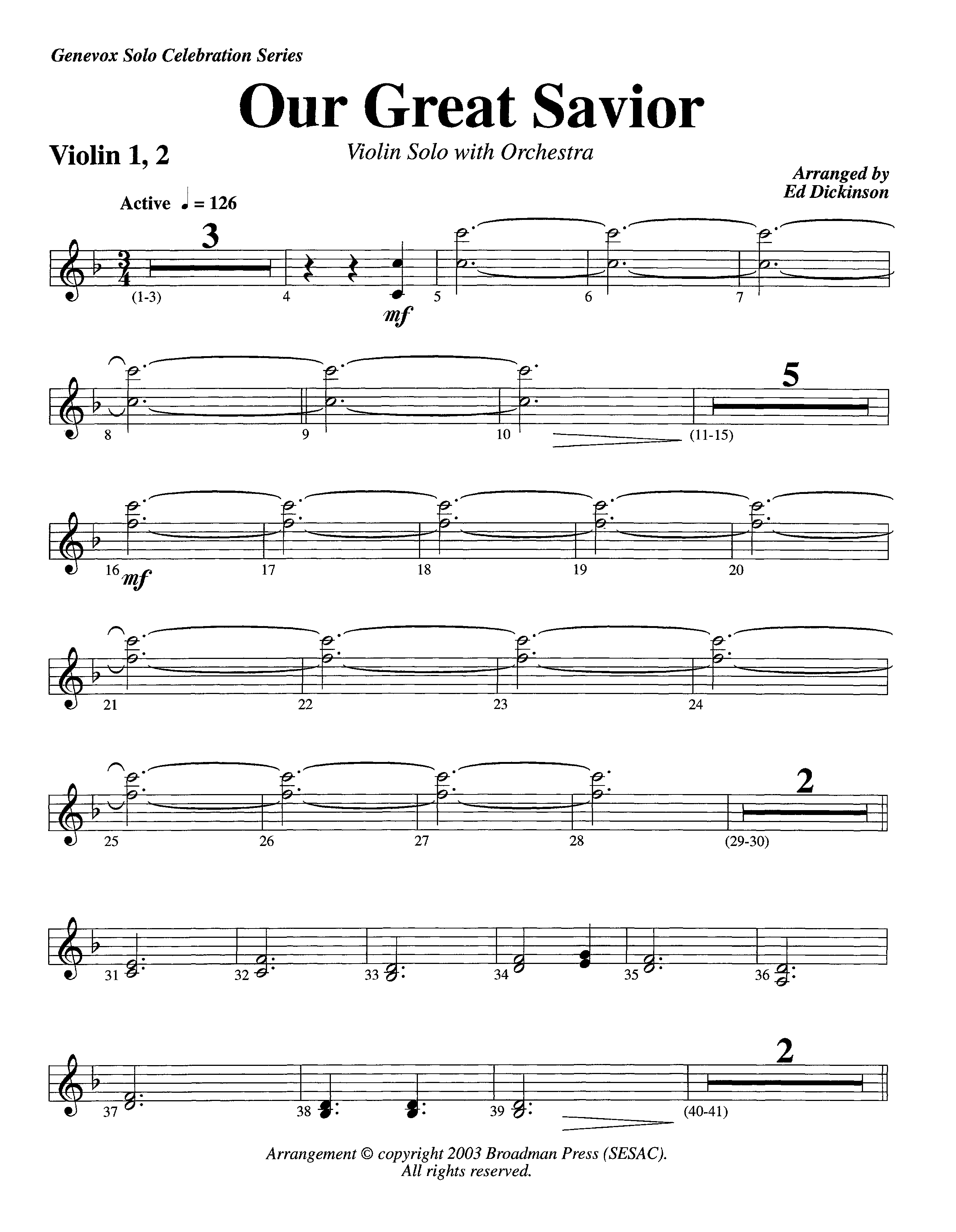 Our Great Savior (with Solo Violin) (Instrumental) Violin 1/2 (Lifeway Worship / Arr. Ed Dickinson)