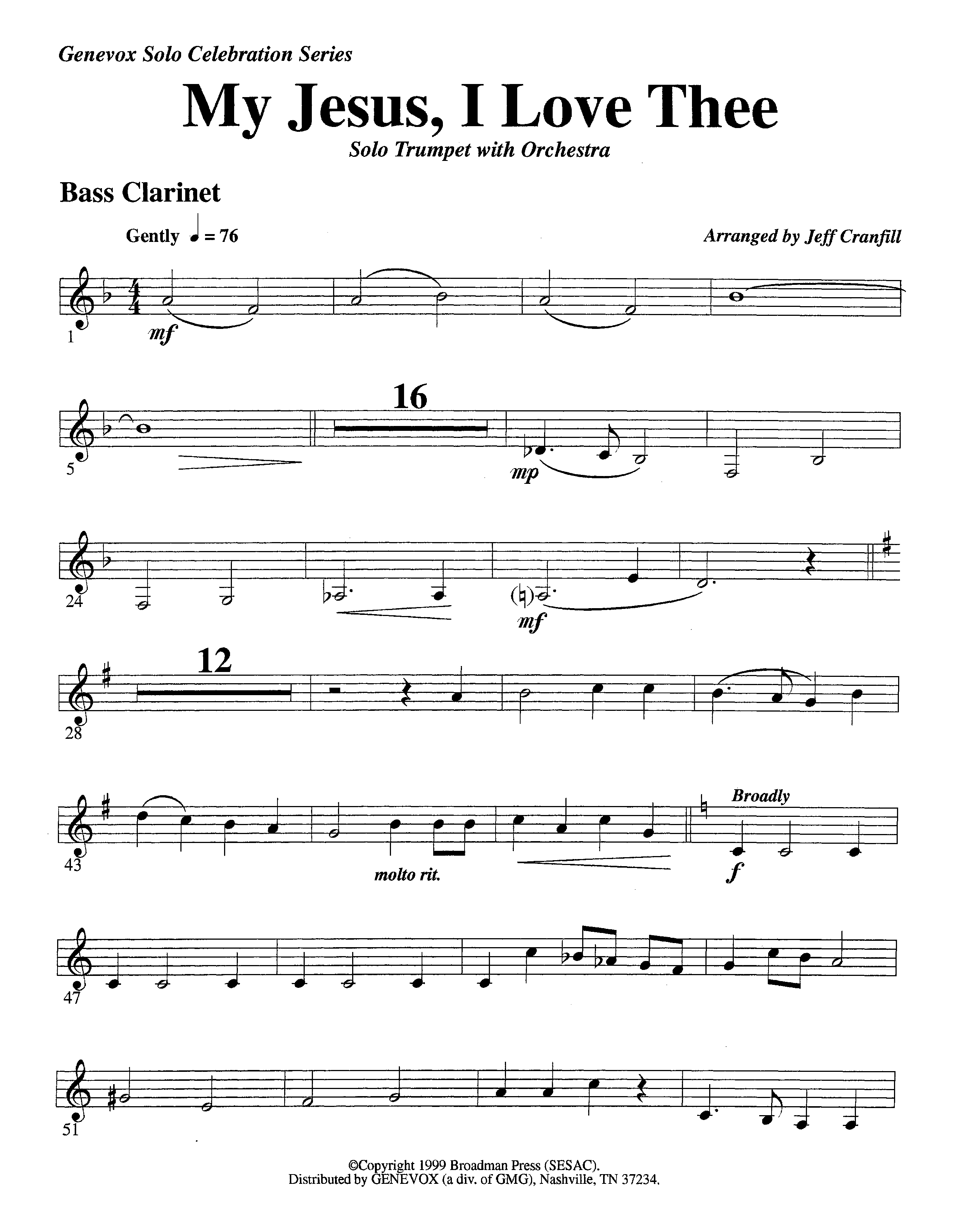 My Jesus I Love Thee (with Solo Trumpet) (Instrumental) Bass Clarinet (Lifeway Worship / Arr. Jeff Cranfill)