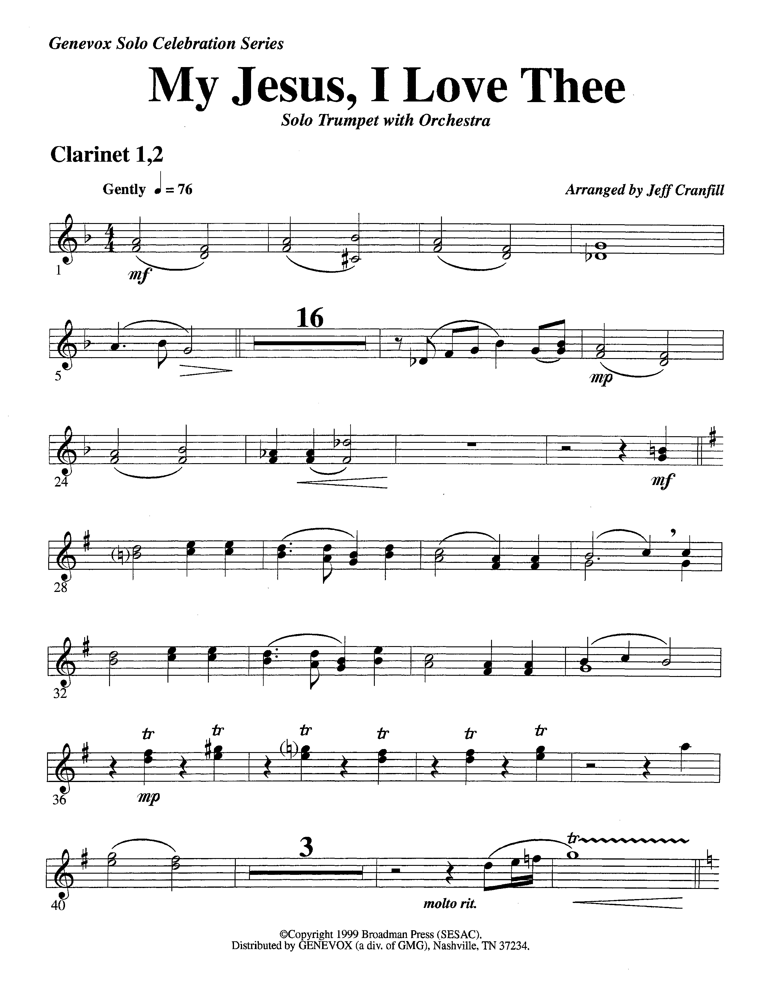 My Jesus I Love Thee (with Solo Trumpet) (Instrumental) Clarinet 1/2 (Lifeway Worship / Arr. Jeff Cranfill)