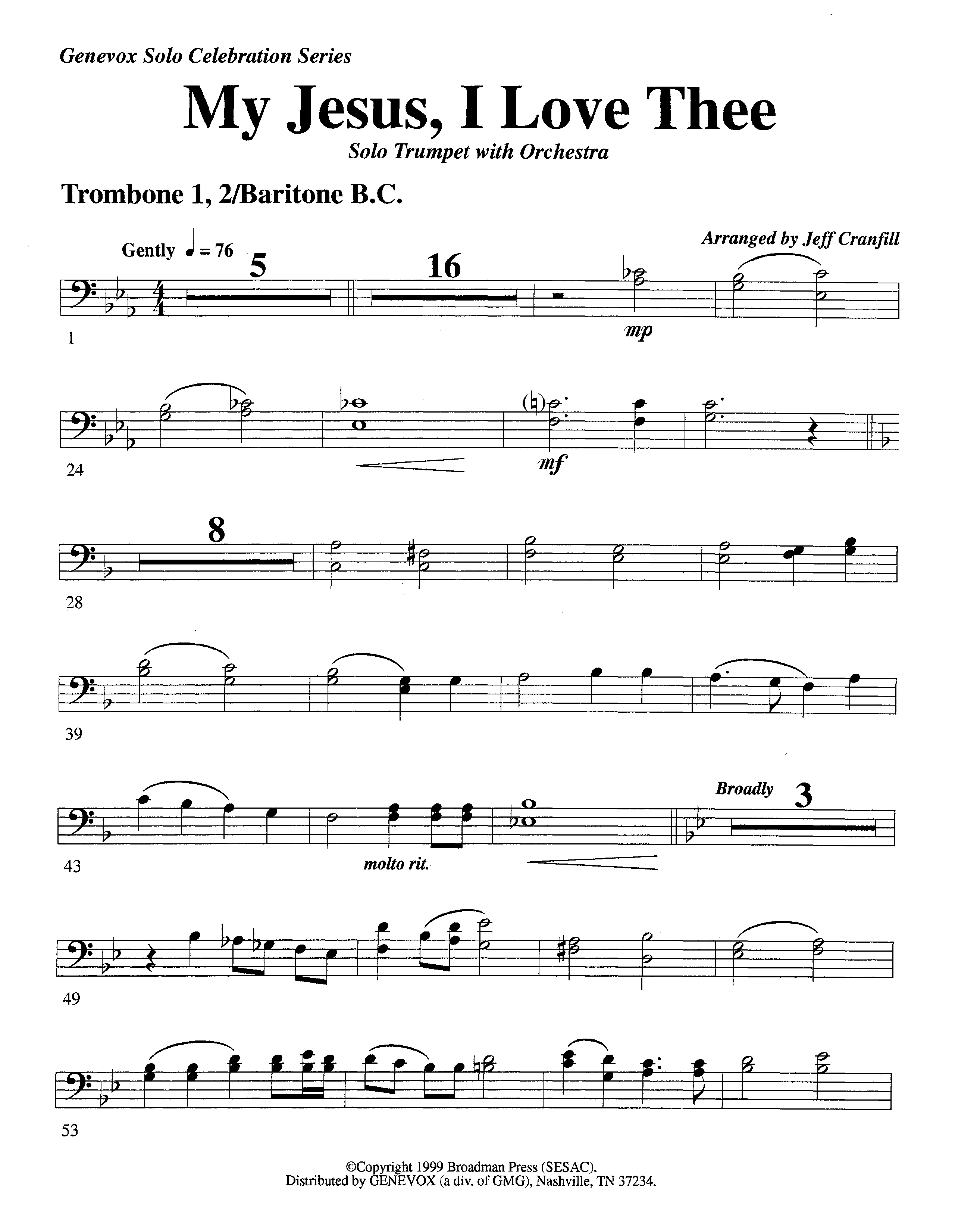 My Jesus I Love Thee&nbsp;(with Solo&nbsp;Trumpet) (Instrumental) Trombone 1/2 (Lifeway Worship / Arr. Jeff Cranfill)