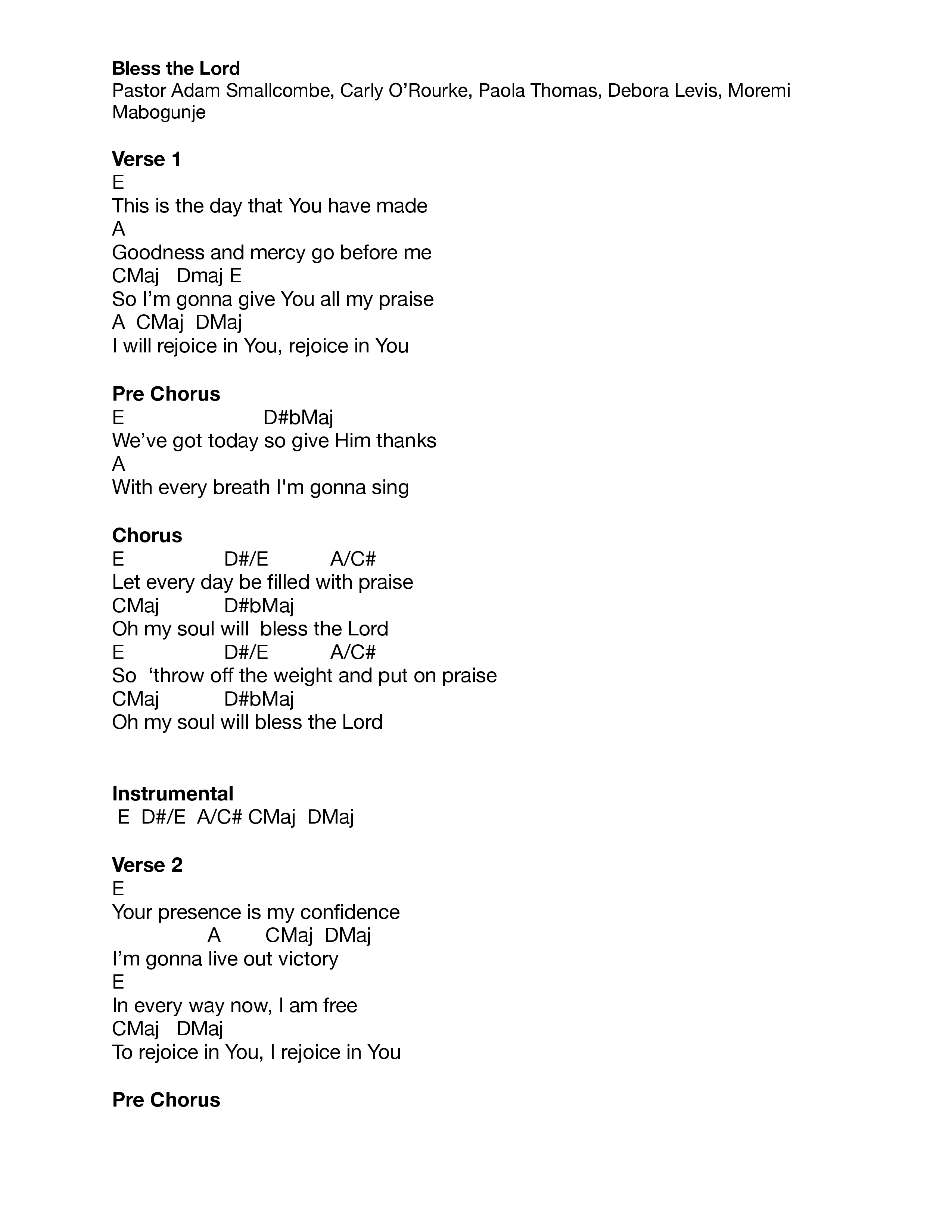 Bless The Lord Chord Chart (Vive Worship)