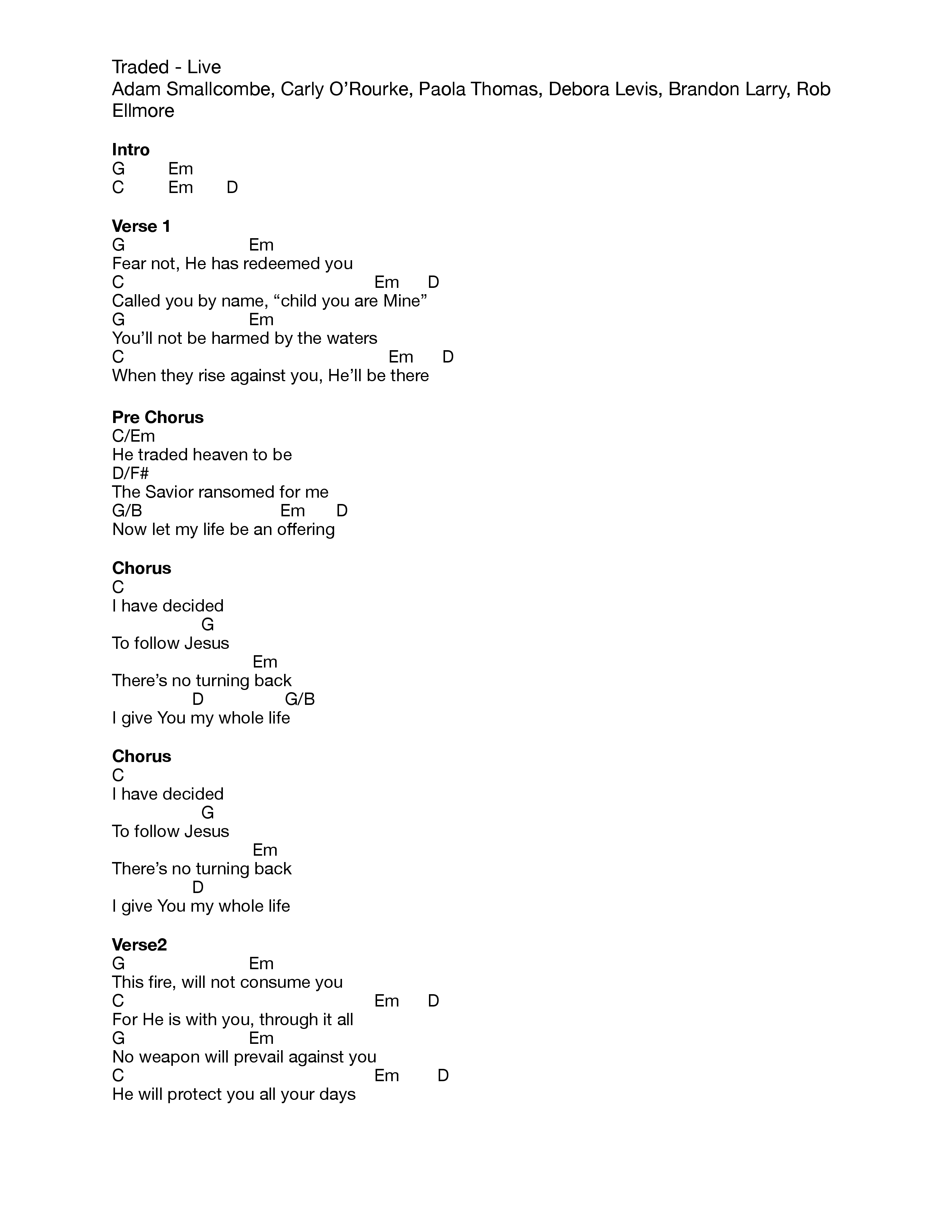 Traded (Live) Chord Chart (Vive Worship)