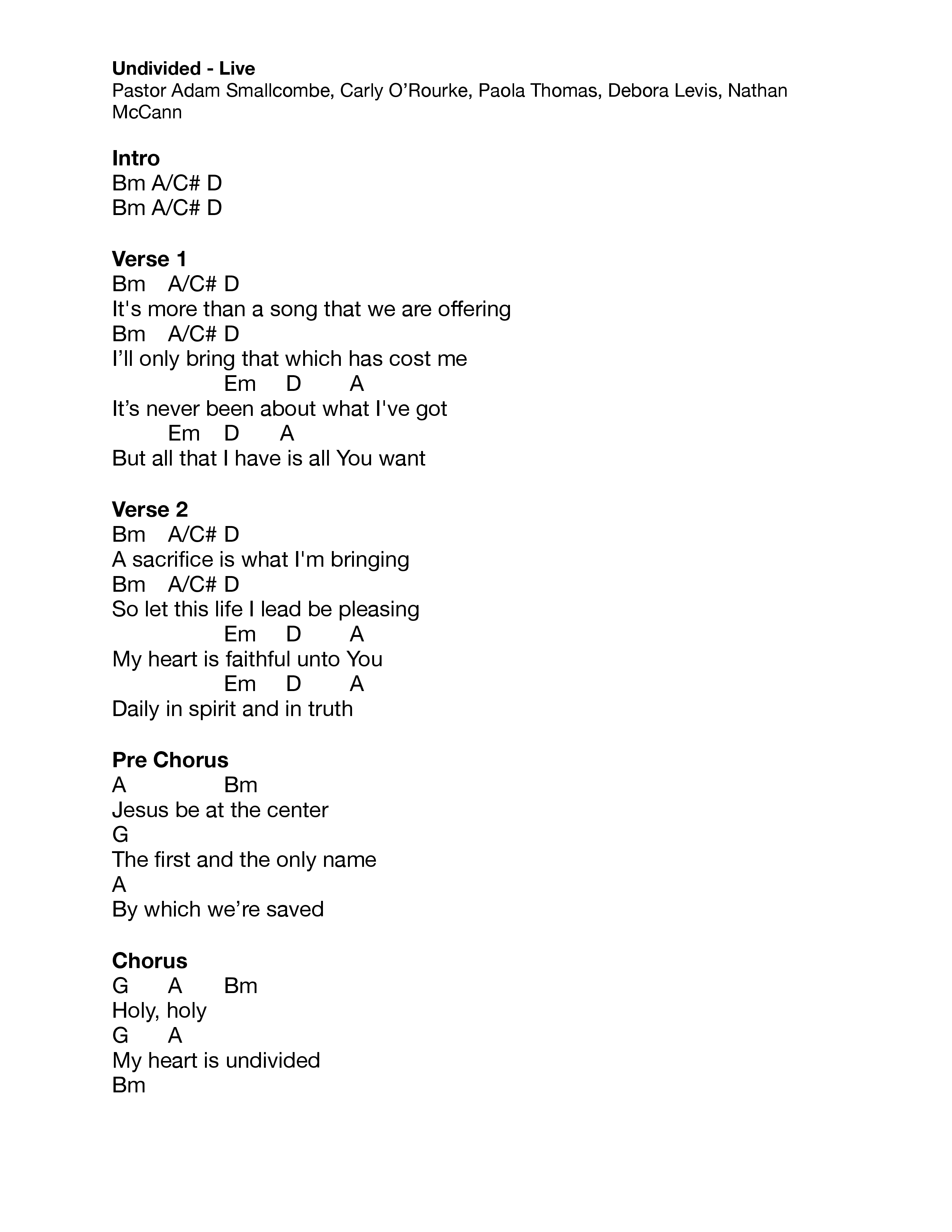 Undivided (Live) Chord Chart (Vive Worship)