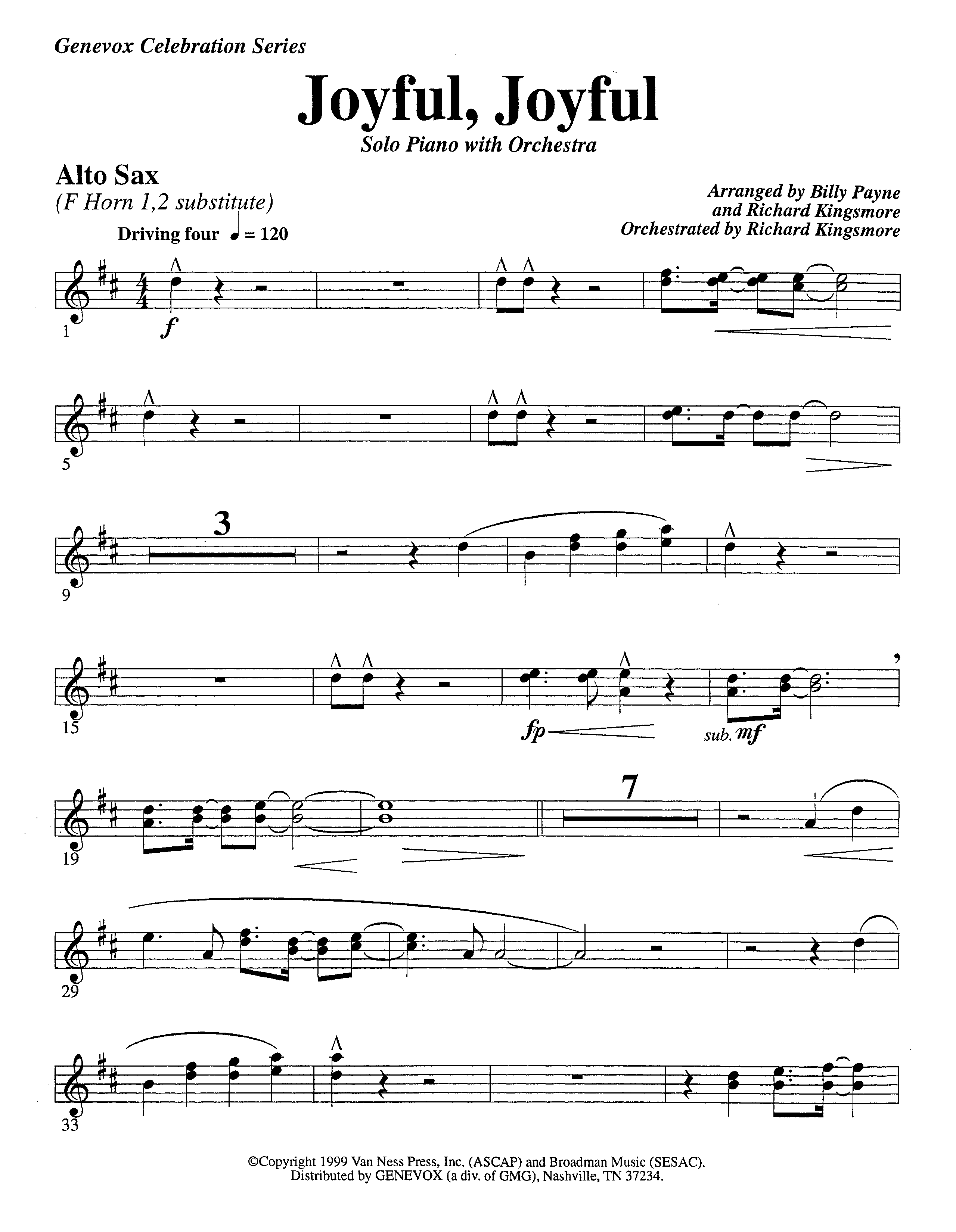 Joyful Joyful We Adore Thee (with Solo Piano) (Instrumental) Alto Sax (Lifeway Worship / Arr. Billy Payne / Arr. Richard Kingsmore / Orch. Richard Kingsmore)