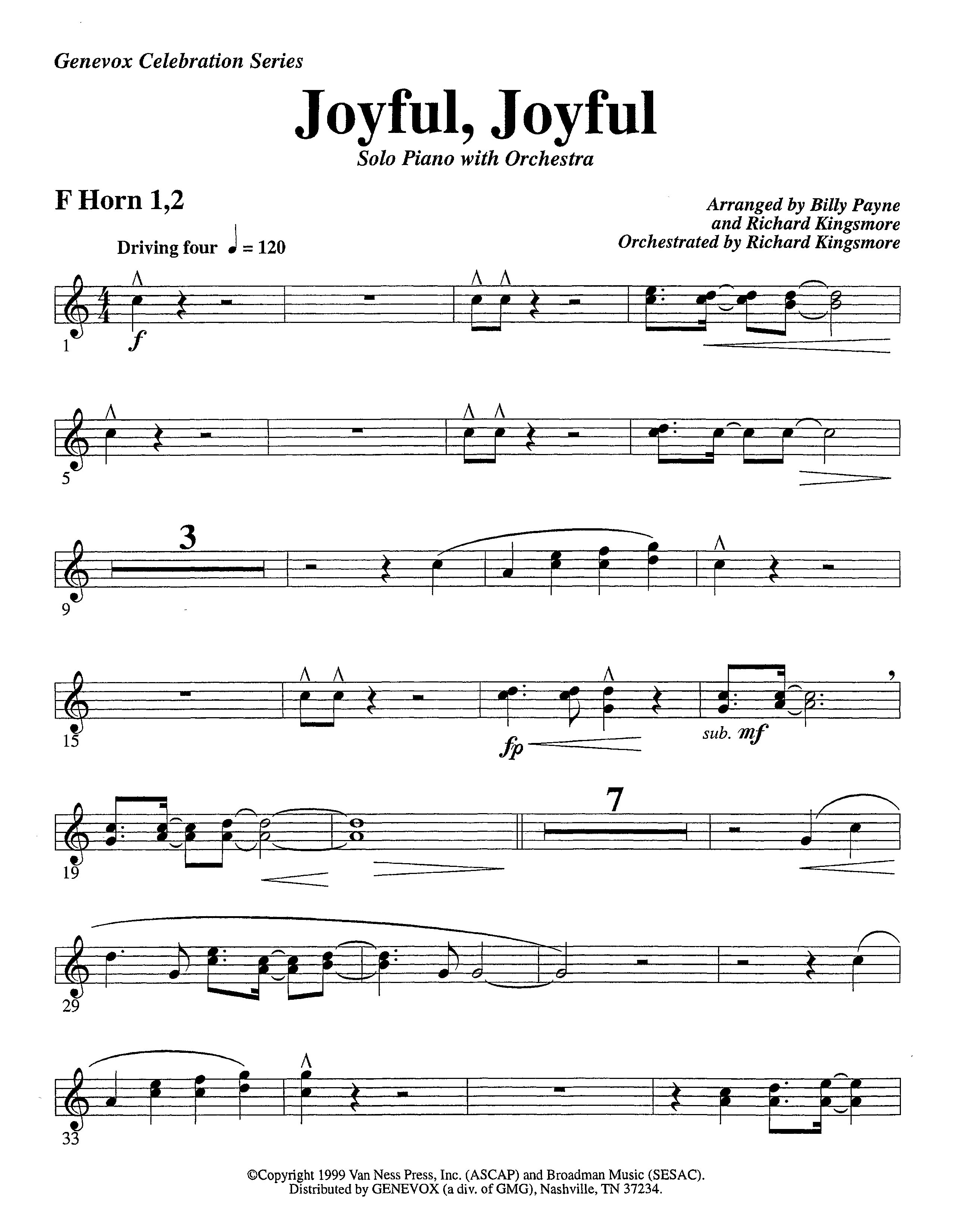 Joyful Joyful We Adore Thee (with Solo Piano) (Instrumental) French Horn 1/2 (Lifeway Worship / Arr. Billy Payne / Arr. Richard Kingsmore / Orch. Richard Kingsmore)