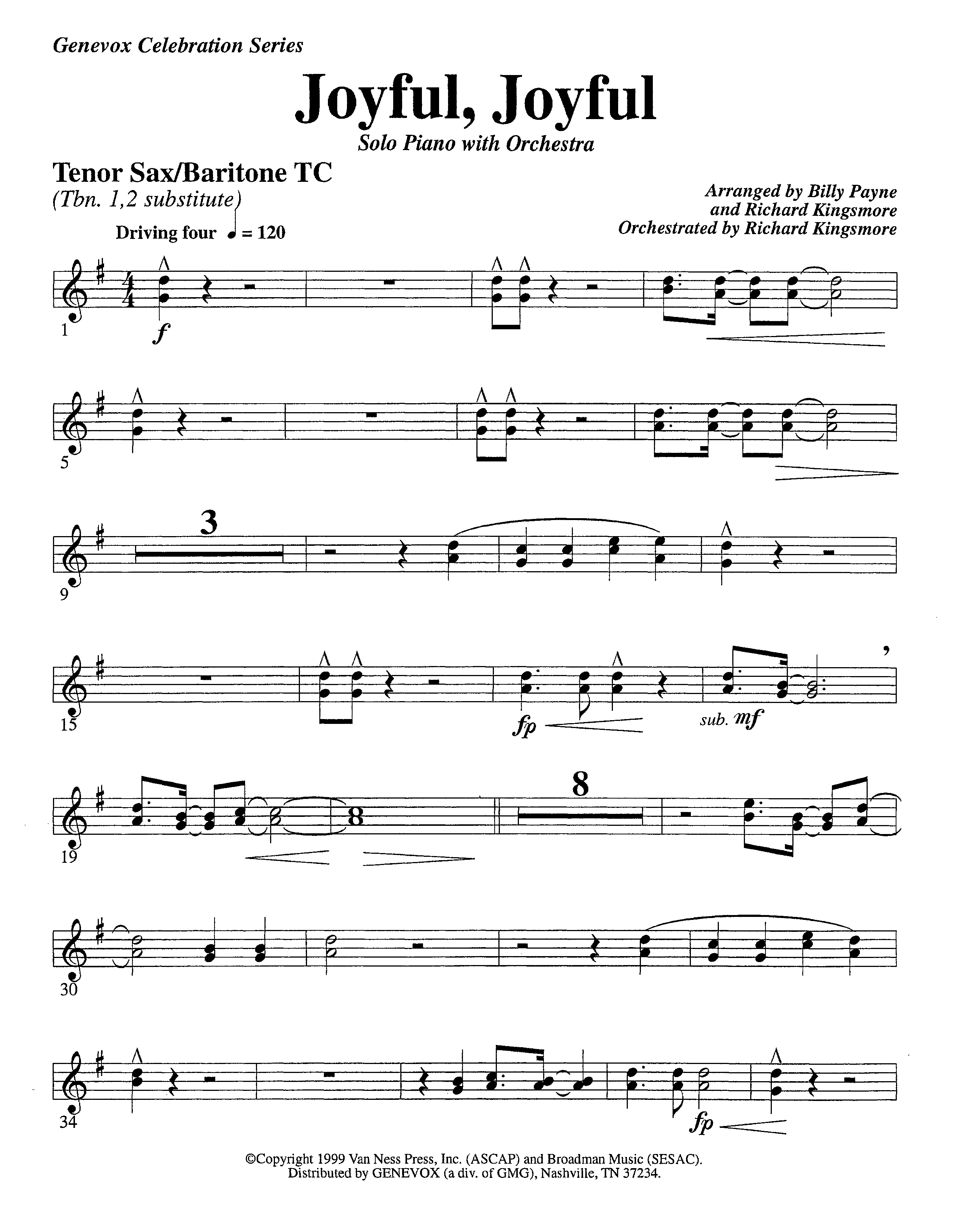 Joyful Joyful We Adore Thee&nbsp;(with Solo&nbsp;Piano) (Instrumental) Tenor Sax/Baritone T.C. (Lifeway Worship / Arr. Billy Payne / Arr. Richard Kingsmore / Orch. Richard Kingsmore)