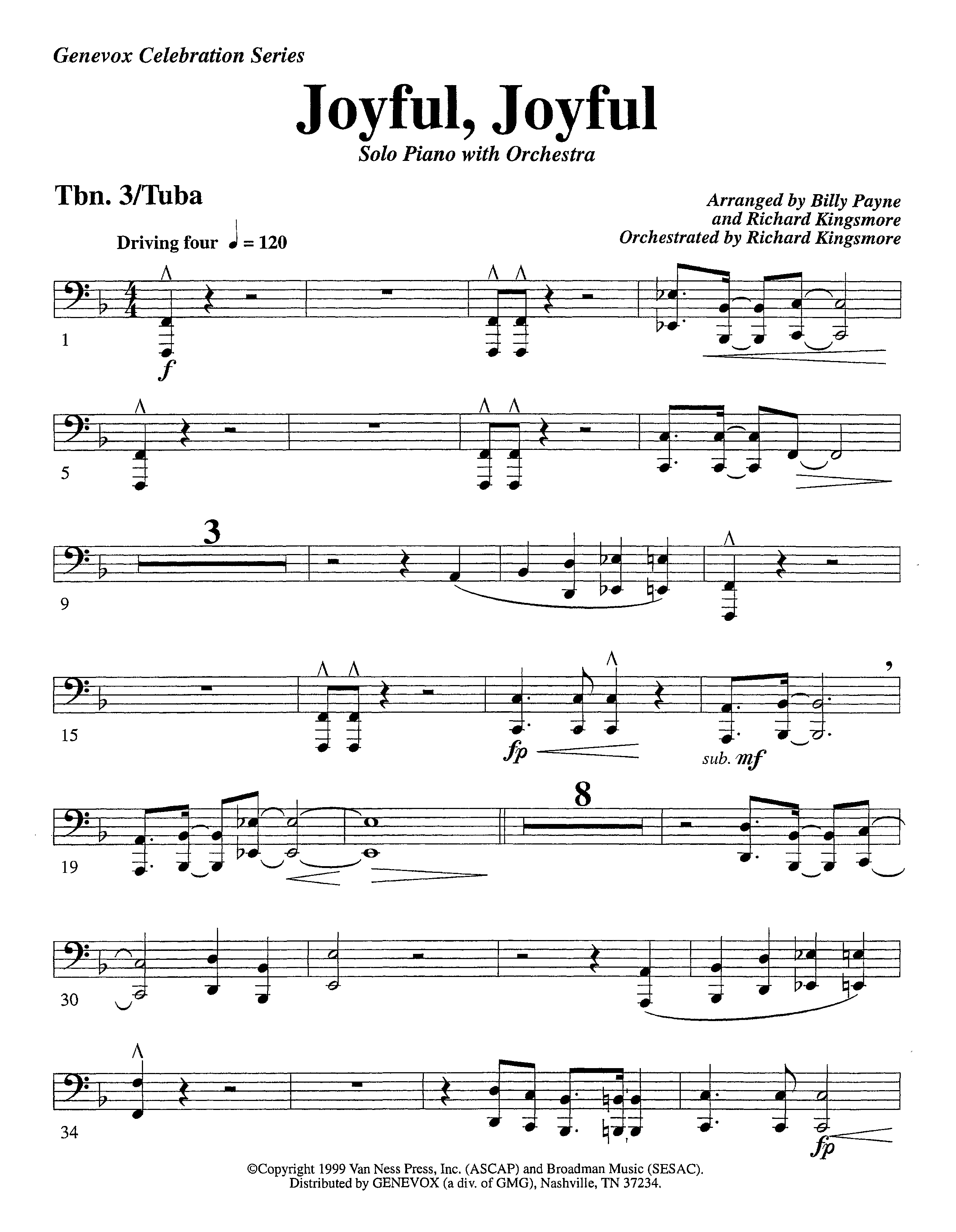 Joyful Joyful We Adore Thee (with Solo Piano) (Instrumental) Trombone 3/Tuba (Lifeway Worship / Arr. Billy Payne / Arr. Richard Kingsmore / Orch. Richard Kingsmore)