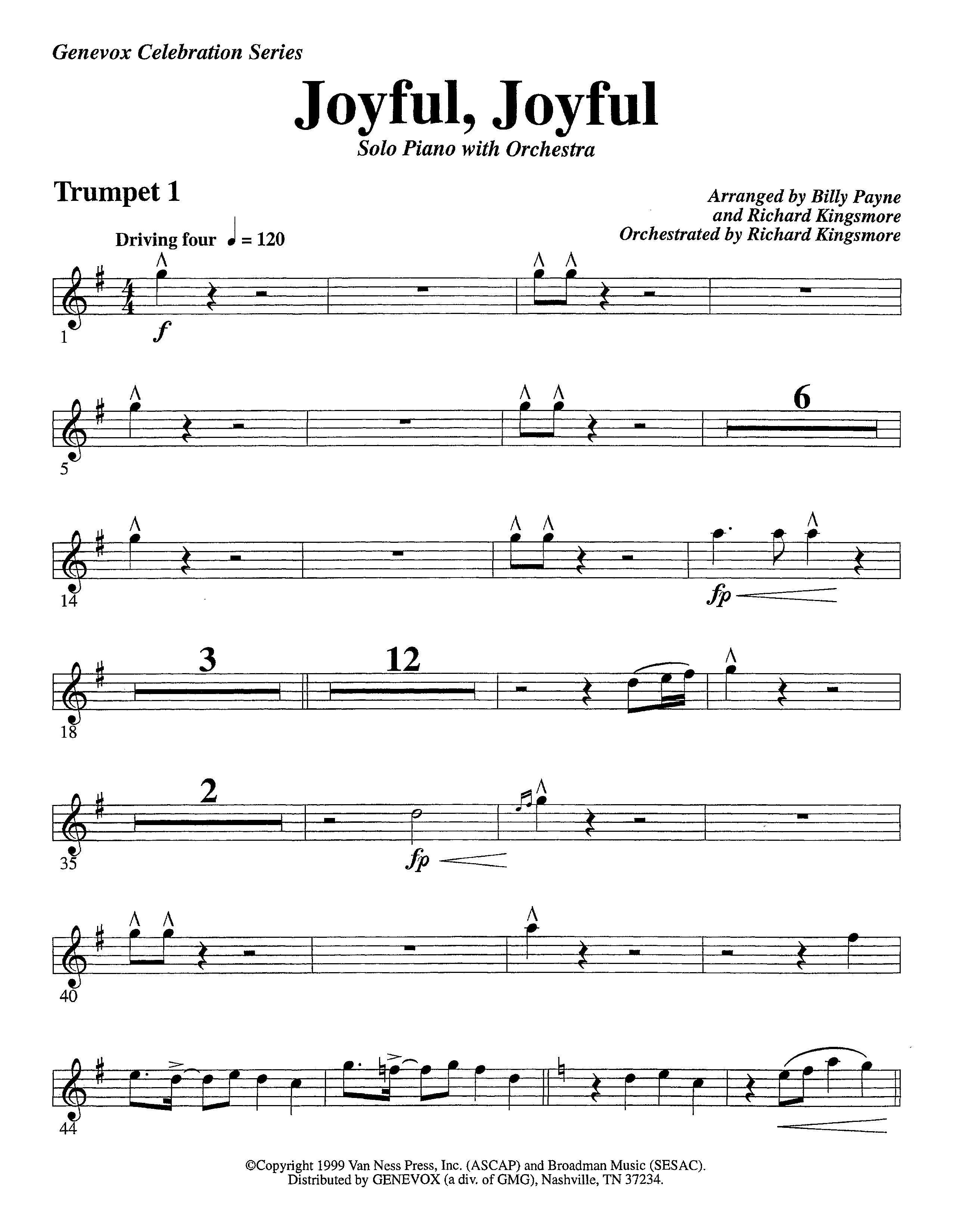 Joyful Joyful We Adore Thee (with Solo Piano) (Instrumental) Trumpet 1 (Lifeway Worship / Arr. Billy Payne / Arr. Richard Kingsmore / Orch. Richard Kingsmore)