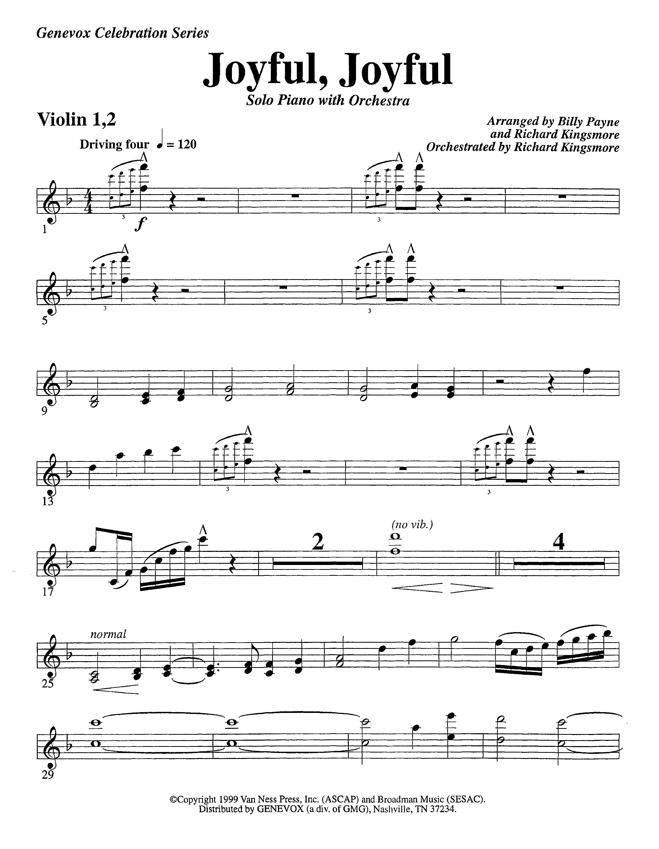 Joyful Joyful We Adore Thee (with Solo Piano) (Instrumental) Violin 1/2 (Lifeway Worship / Arr. Billy Payne / Arr. Richard Kingsmore / Orch. Richard Kingsmore)