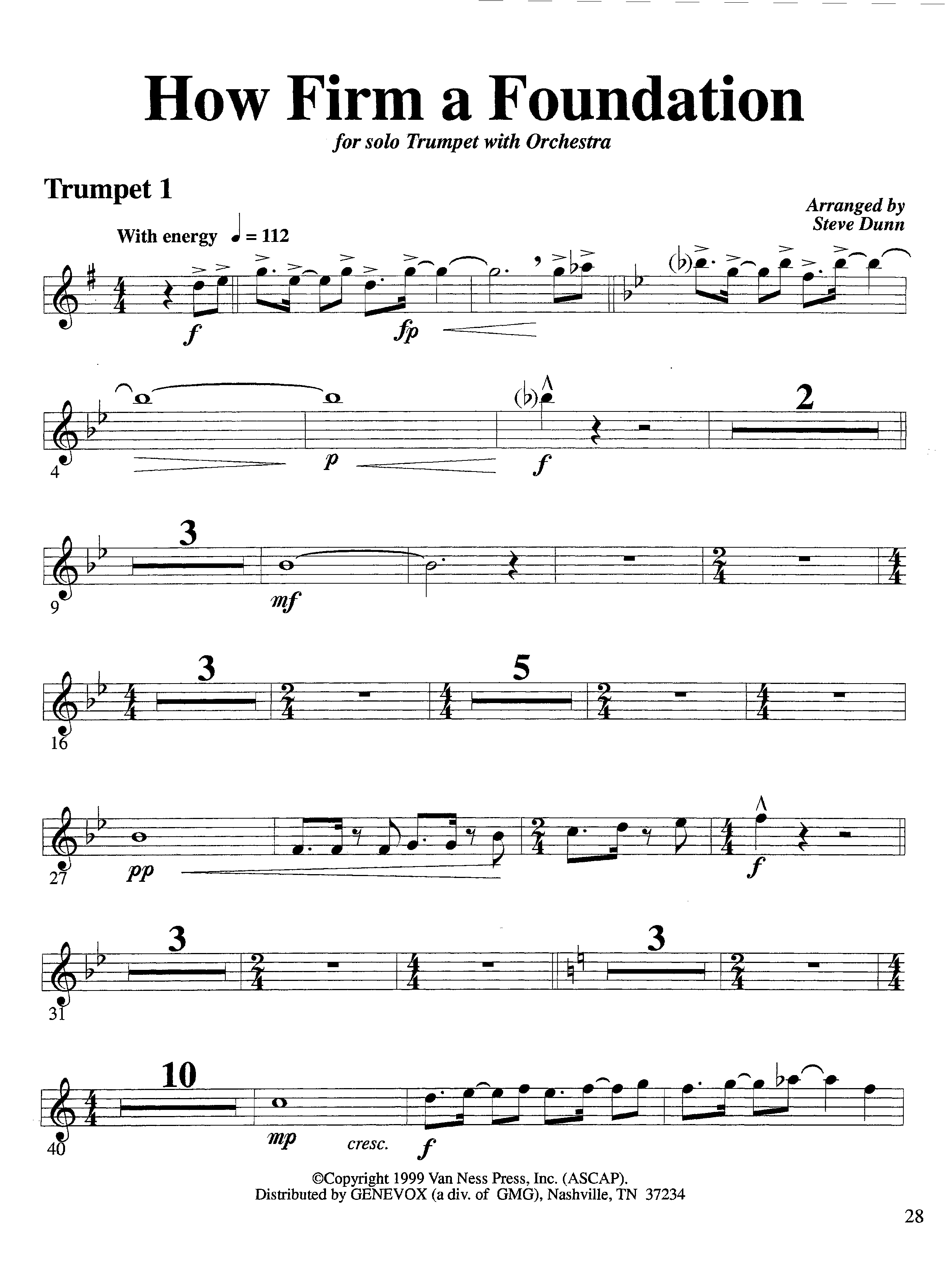 How Firm a Foundation (with Solo Trumpet) (Instrumental) Trumpet 1 (Lifeway Worship / Arr. Steve Dunn)