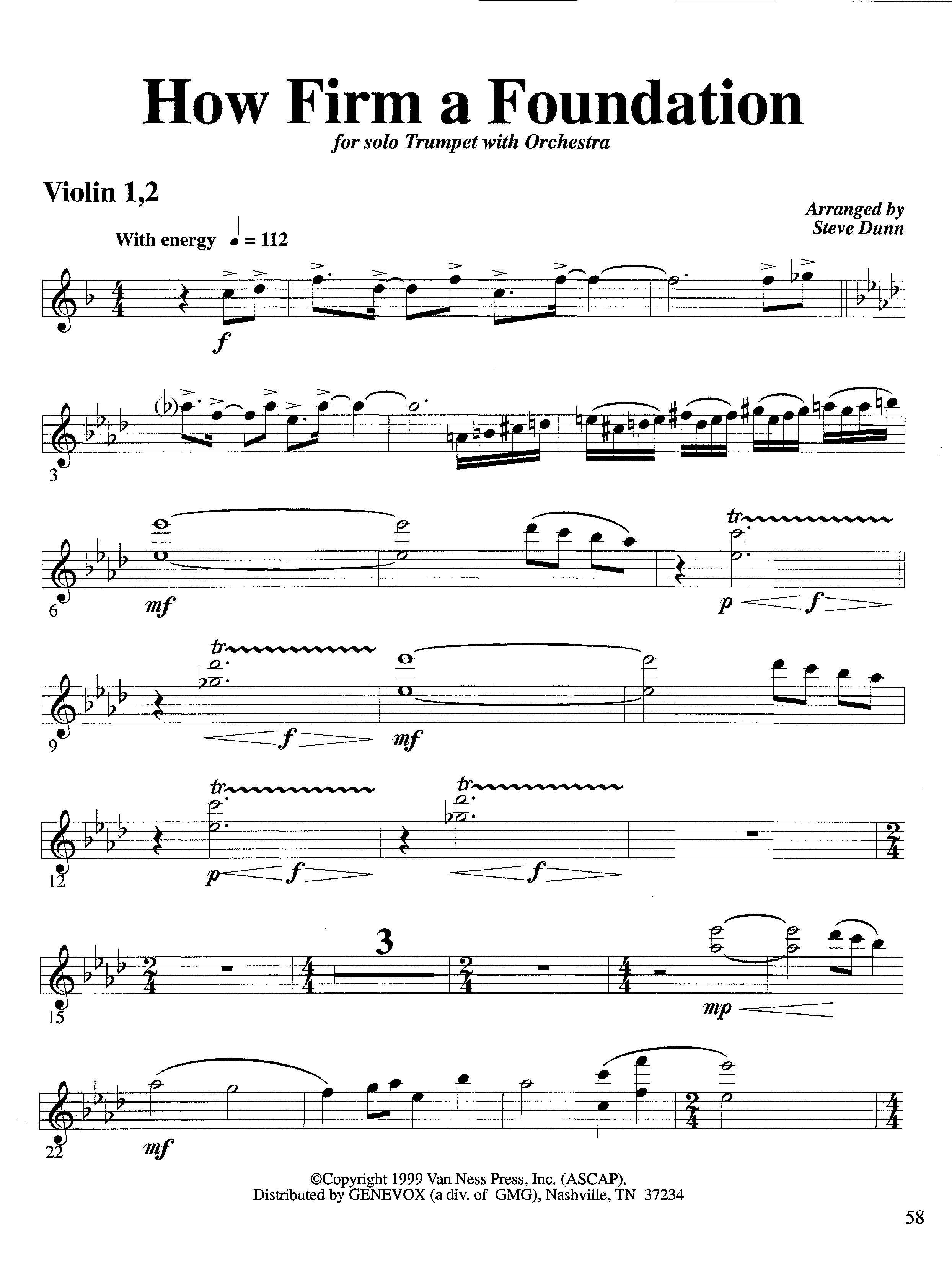 How Firm a Foundation (with Solo Trumpet) (Instrumental) Violin 1/2 (Lifeway Worship / Arr. Steve Dunn)