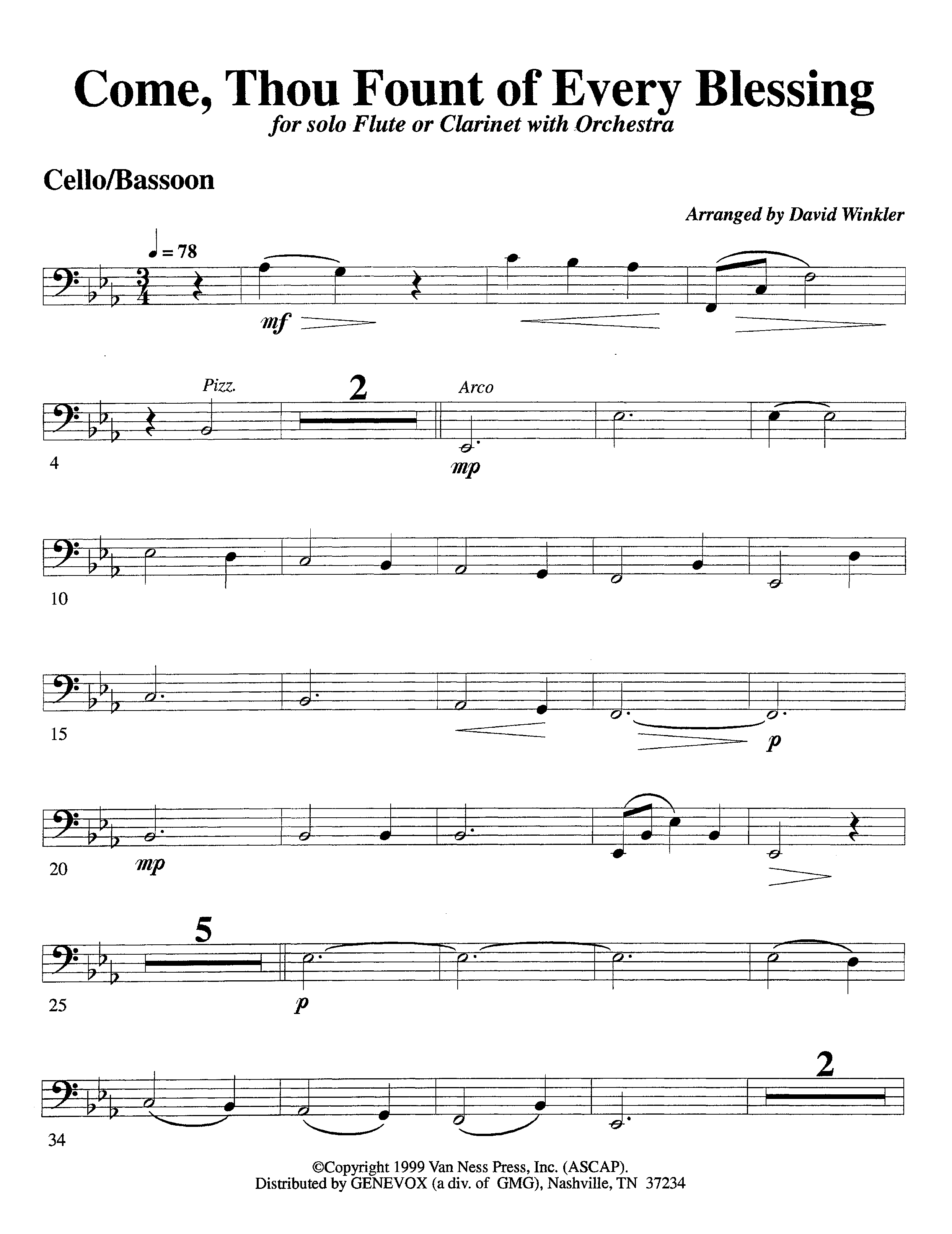 Come Thou Fount Of Every Blessing (with Solo Flute or Clarinet) (Instrumental) Cello (Lifeway Worship / Arr. David Winkler)