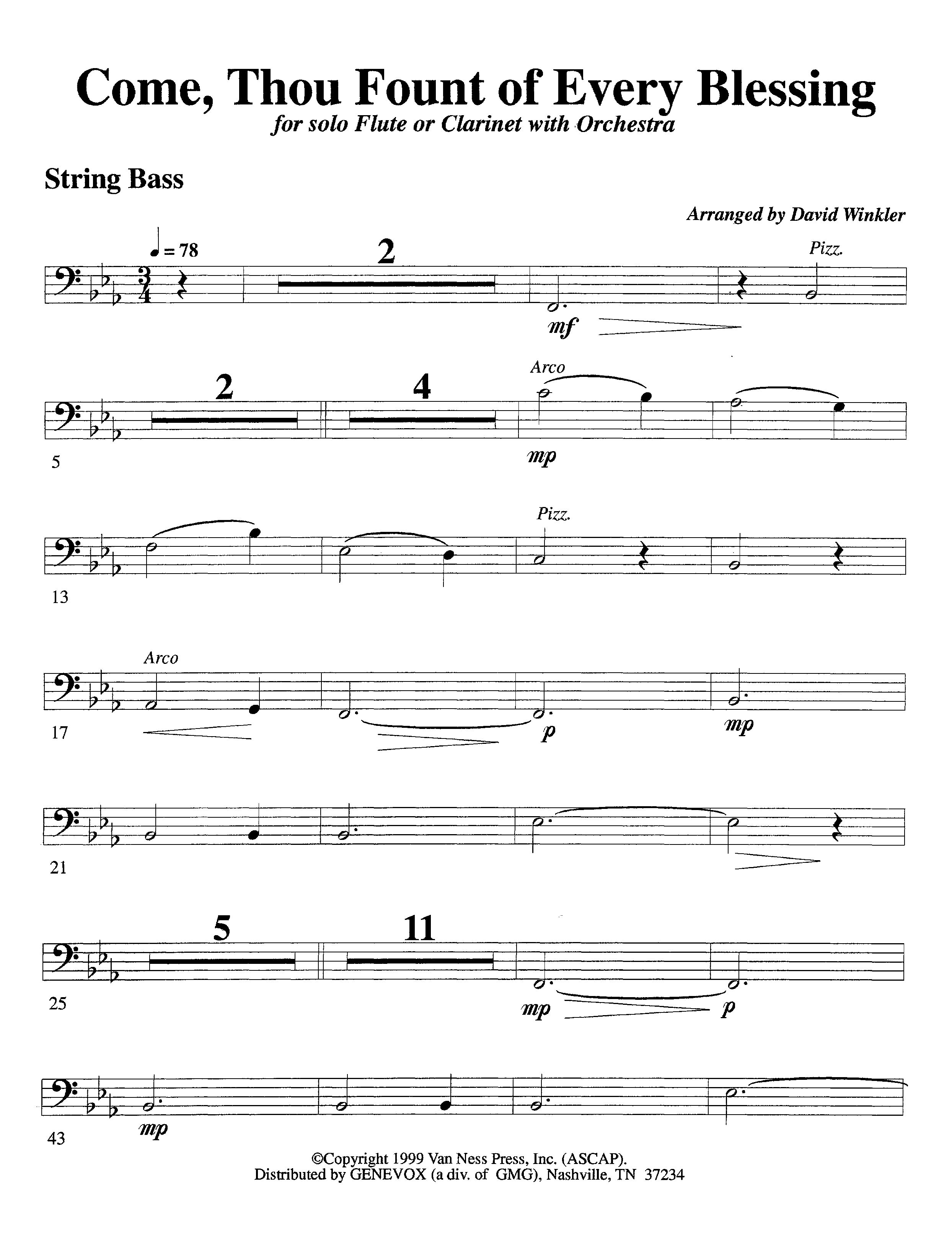 Come Thou Fount Of Every Blessing (with Solo Flute or Clarinet) (Instrumental) Double Bass (Lifeway Worship / Arr. David Winkler)