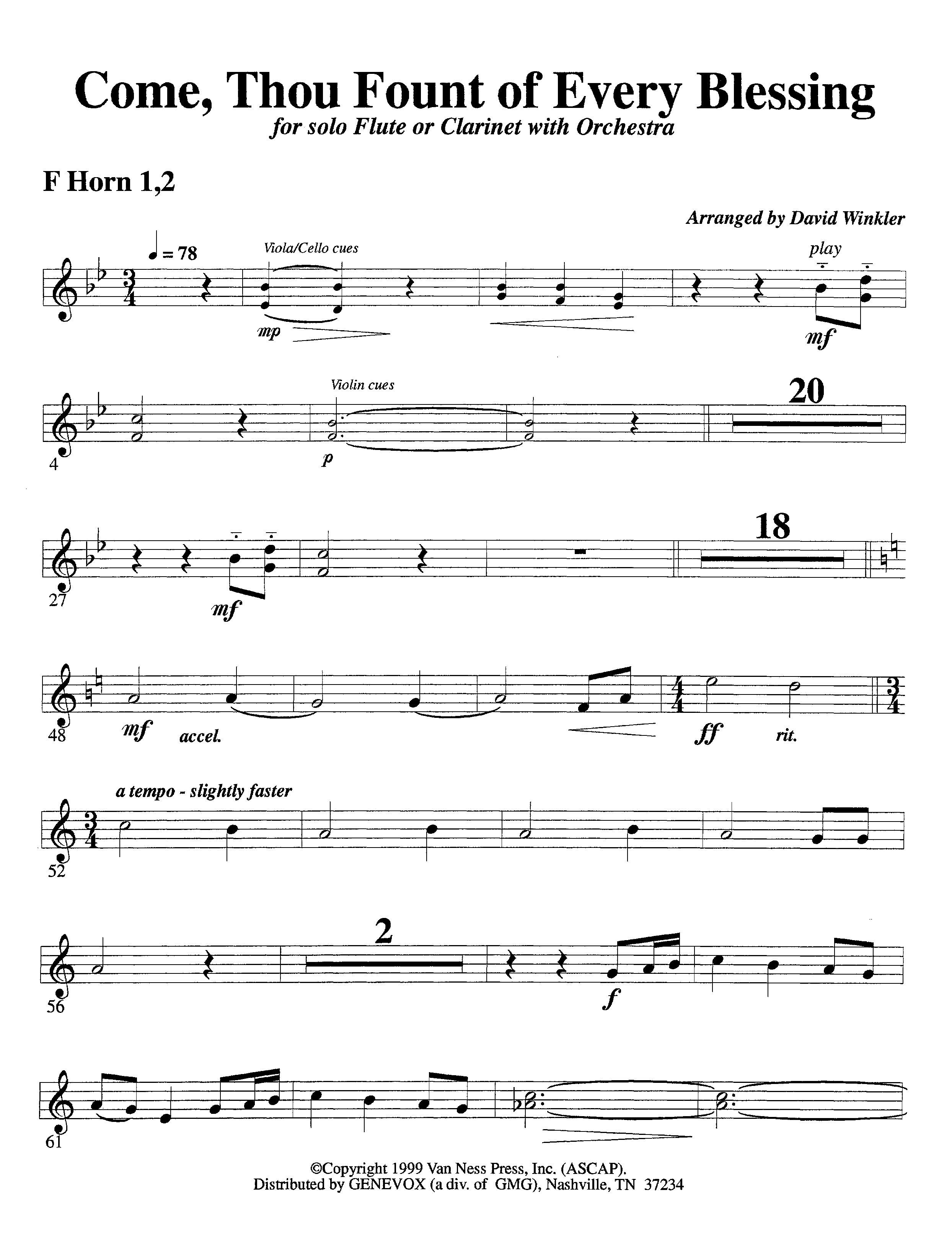 Come Thou Fount Of Every Blessing (with Solo Flute or Clarinet) (Instrumental) French Horn 1/2 (Lifeway Worship / Arr. David Winkler)