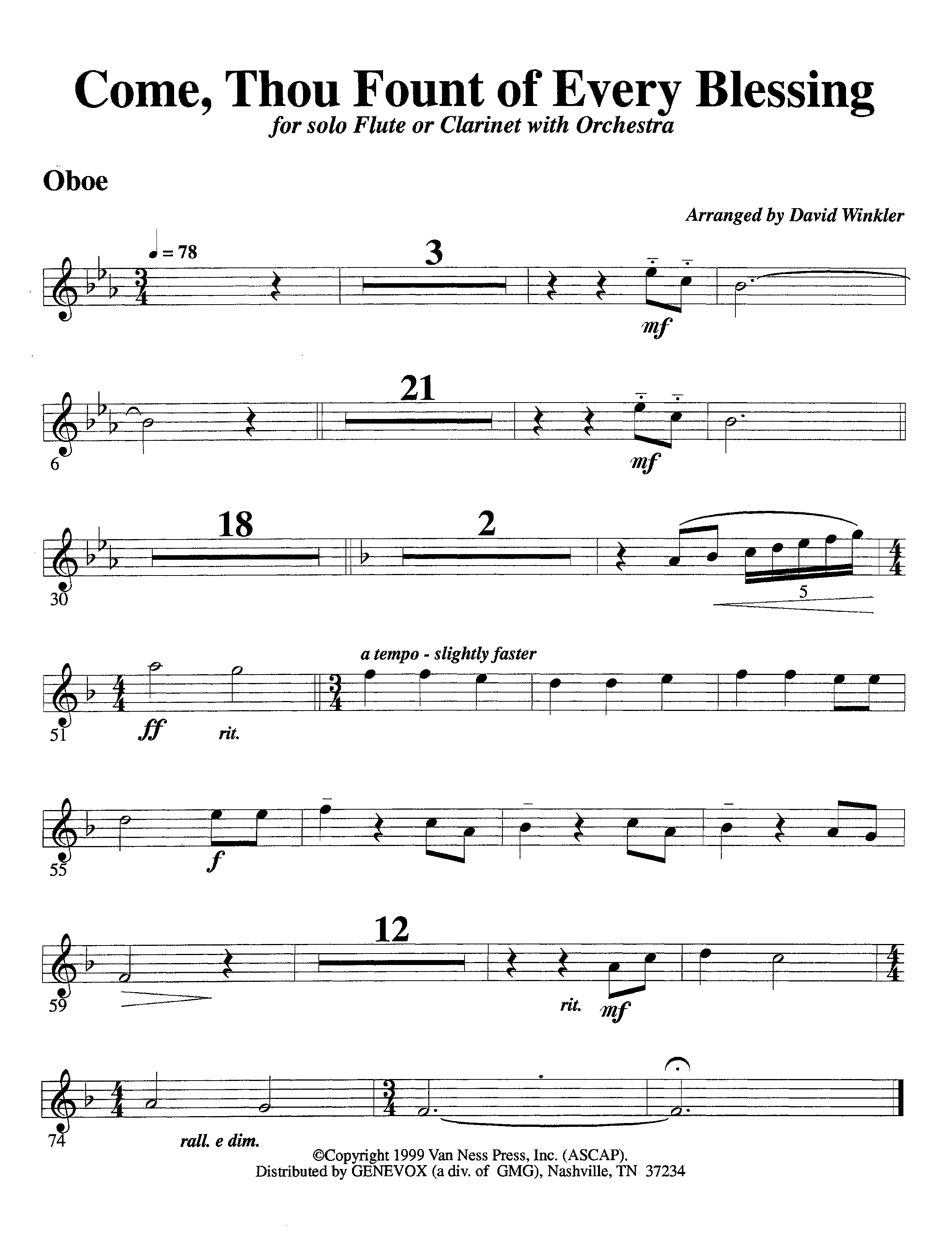 Come Thou Fount Of Every Blessing (with Solo Flute or Clarinet) (Instrumental) Oboe (Lifeway Worship / Arr. David Winkler)
