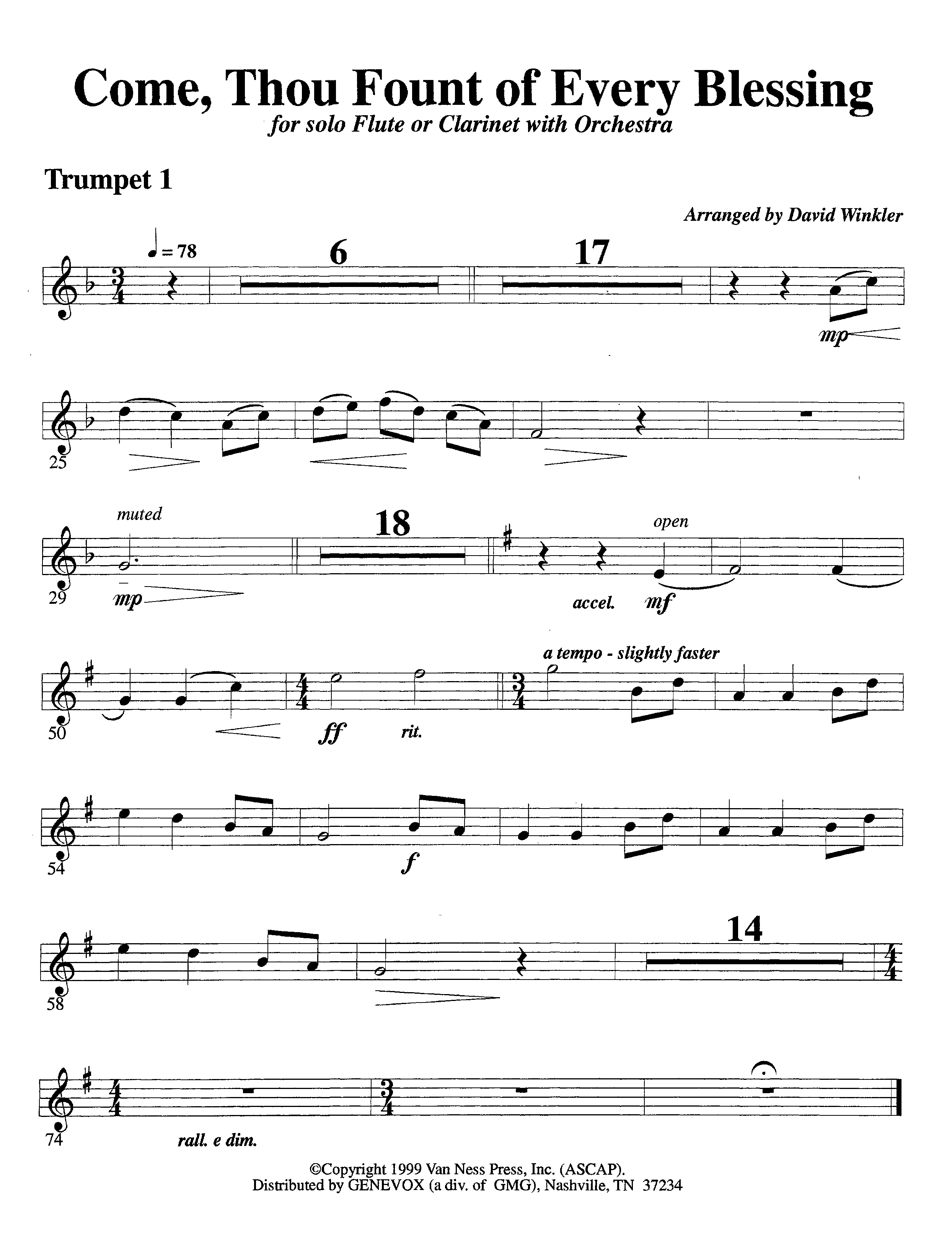 Come Thou Fount Of Every Blessing (with Solo Flute or Clarinet) (Instrumental) Trumpet 1 (Lifeway Worship / Arr. David Winkler)