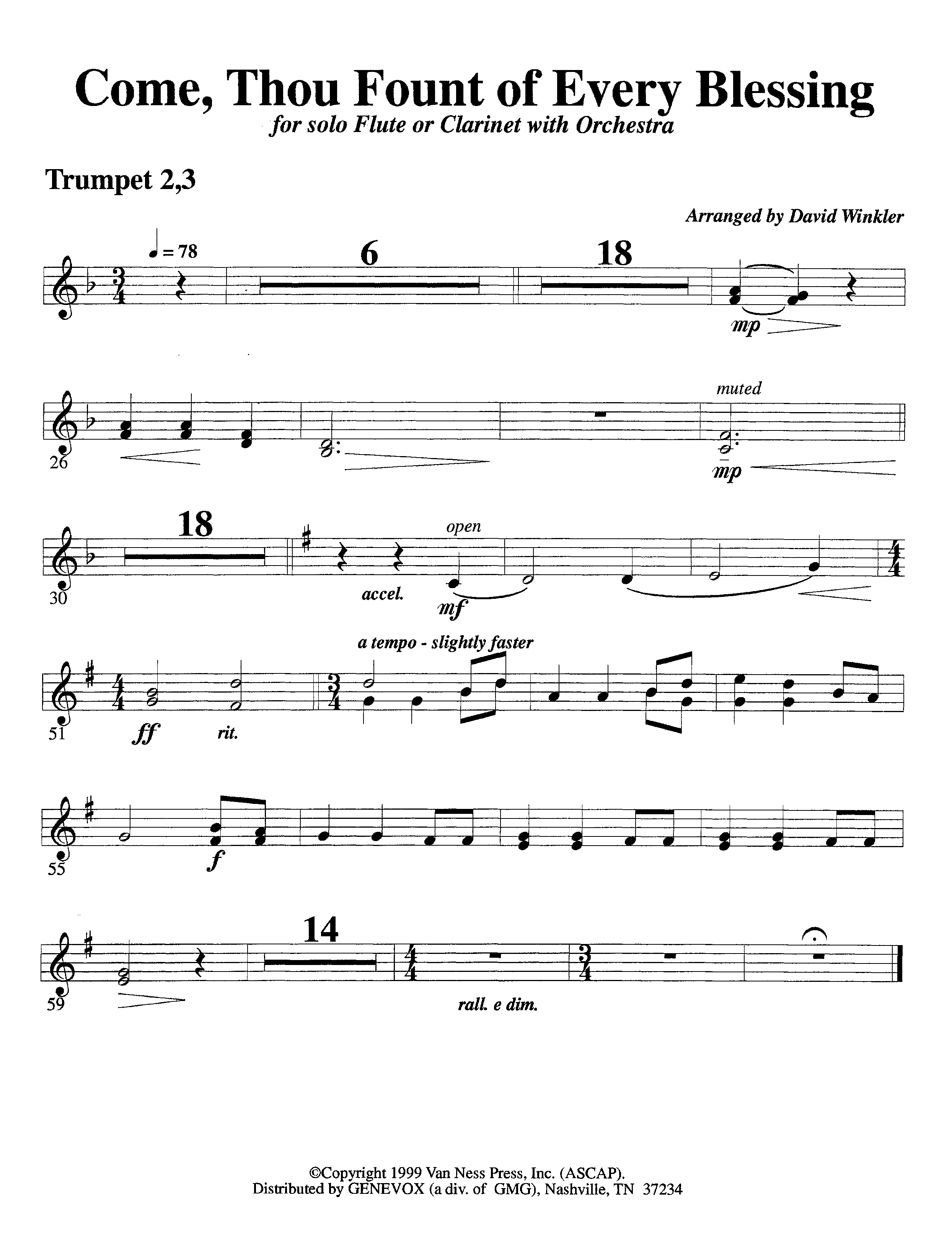 Come Thou Fount Of Every Blessing (with Solo Flute or Clarinet) (Instrumental) Trumpet 2/3 (Lifeway Worship / Arr. David Winkler)