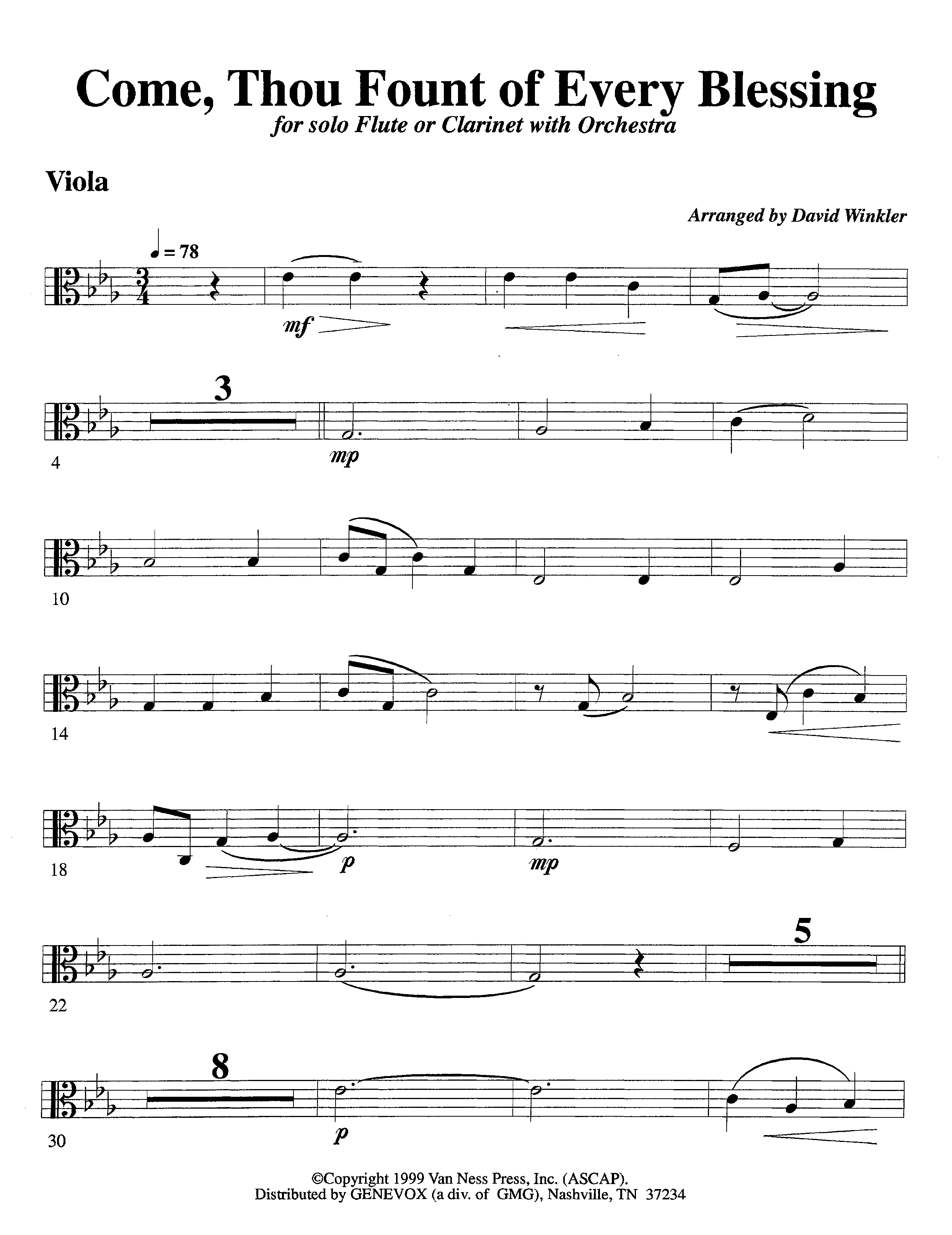 Come Thou Fount Of Every Blessing (with Solo Flute or Clarinet) (Instrumental) Viola (Lifeway Worship / Arr. David Winkler)
