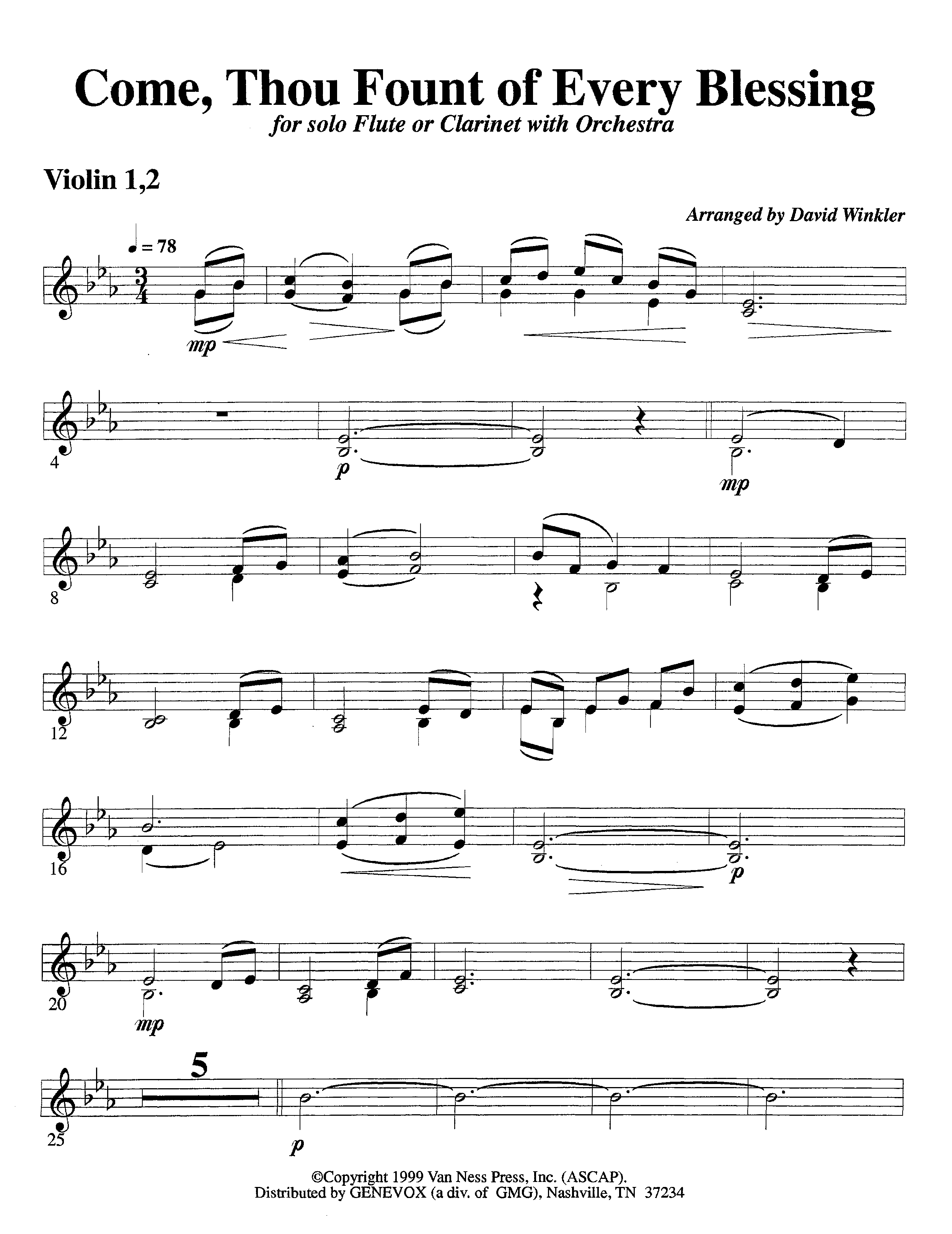Come Thou Fount Of Every Blessing (with Solo Flute or Clarinet) (Instrumental) Violin 1/2 (Lifeway Worship / Arr. David Winkler)