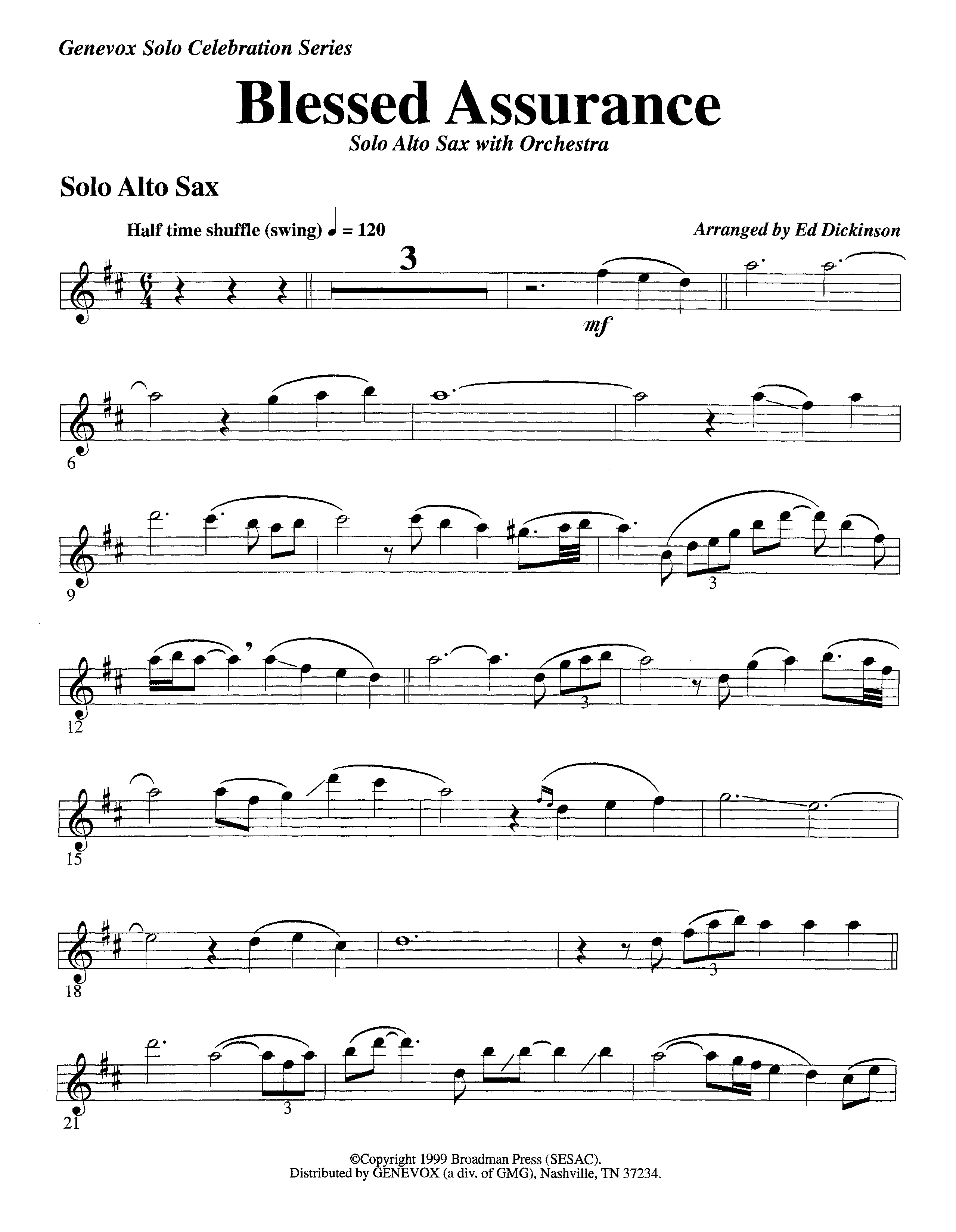 Blessed Assurance (with Solo Alto Sax) (Instrumental) Alto Sax (Lifeway Worship / Arr. Ed Dickinson)