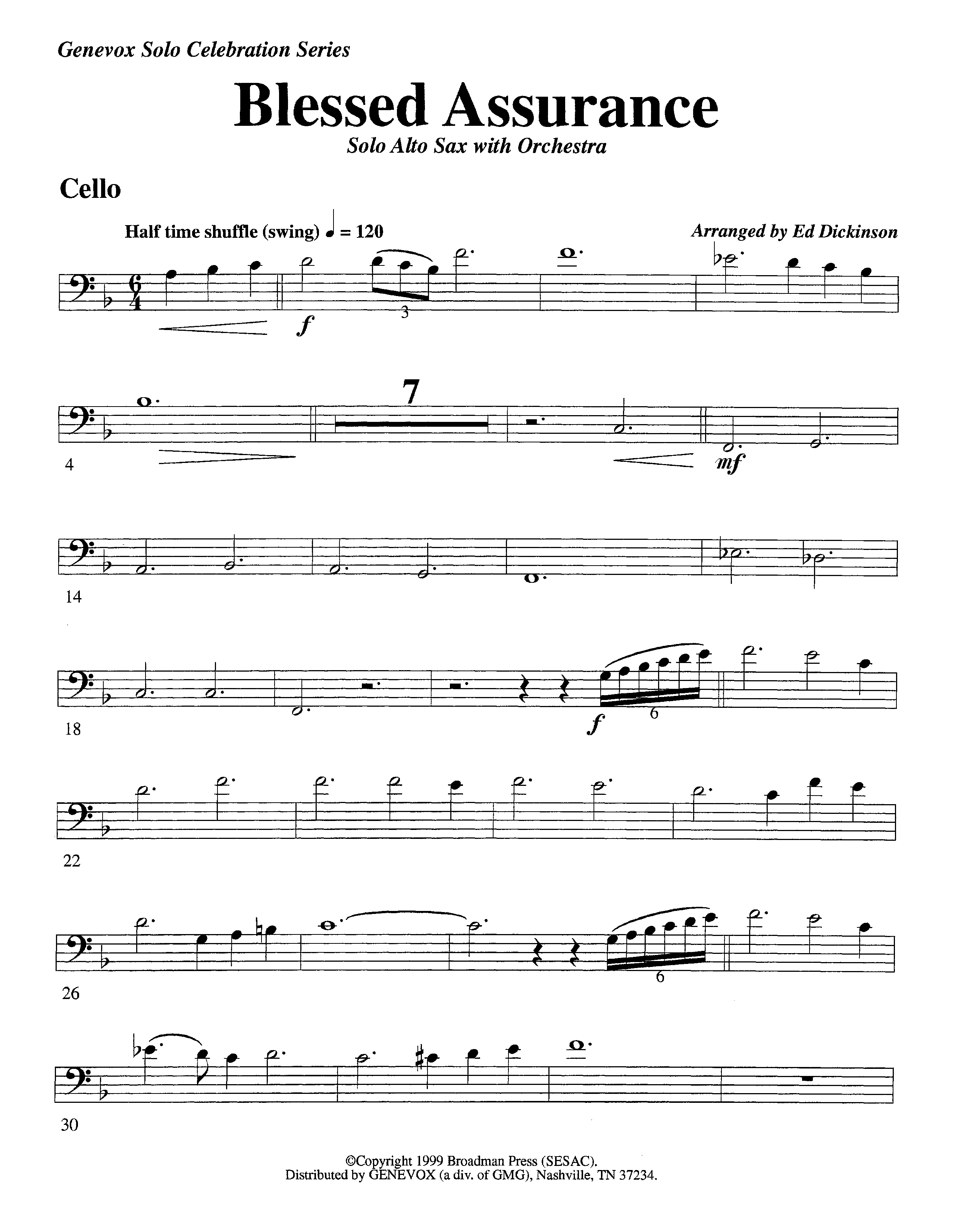 Blessed Assurance (with Solo Alto Sax) (Instrumental) Cello (Lifeway Worship / Arr. Ed Dickinson)